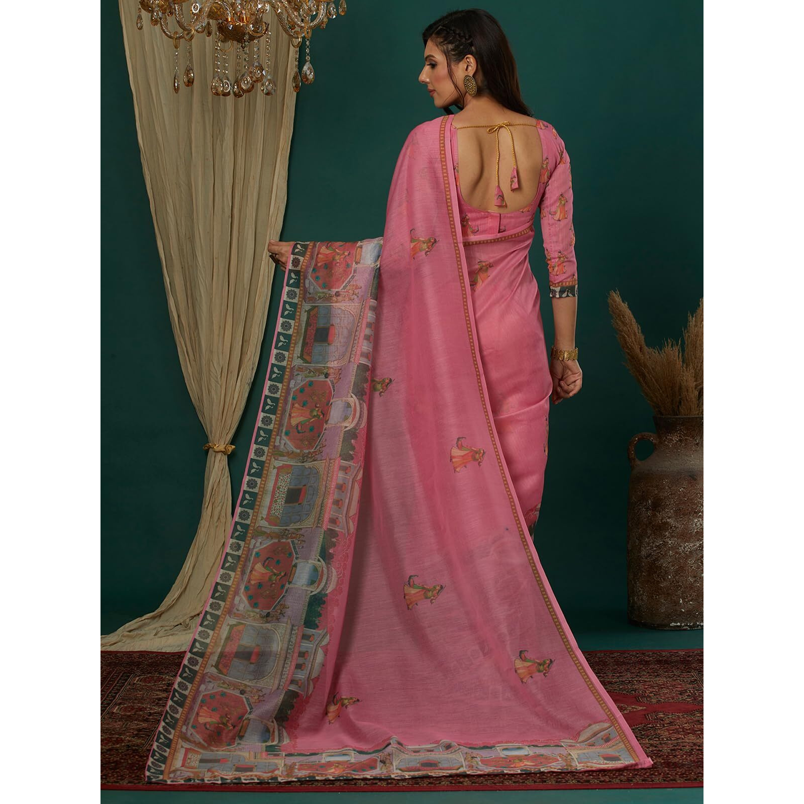 Satrani Women's Cotton Blend Printed Saree With Unstitched Blouse Piece (4112S6508N_Pink)