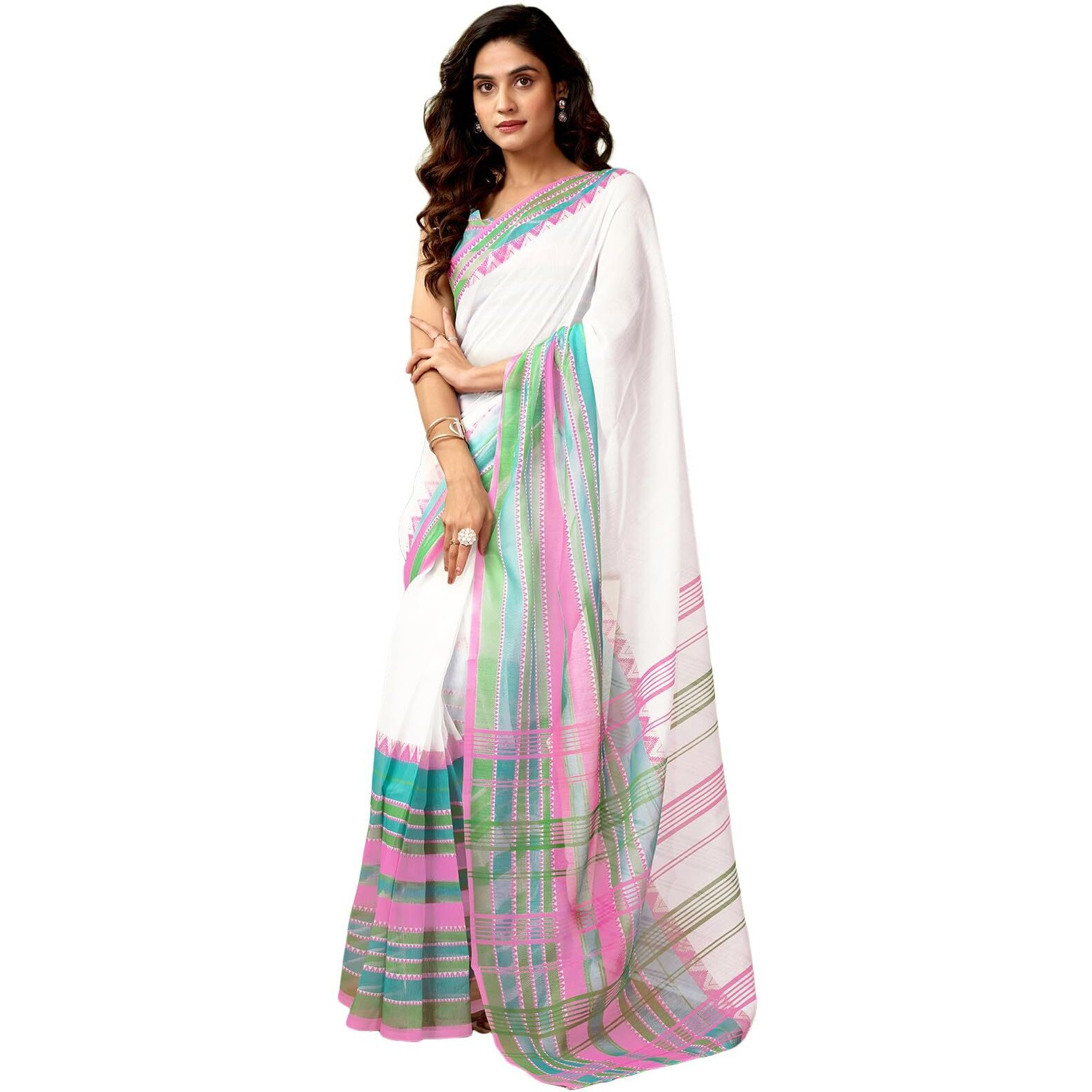 Satrani Women's Chanderi Cotton Printed Ready To Wear One Minute Pre Pleated Readymade Saree With Unstitched Blouse Piece (32Rs301N_White3)