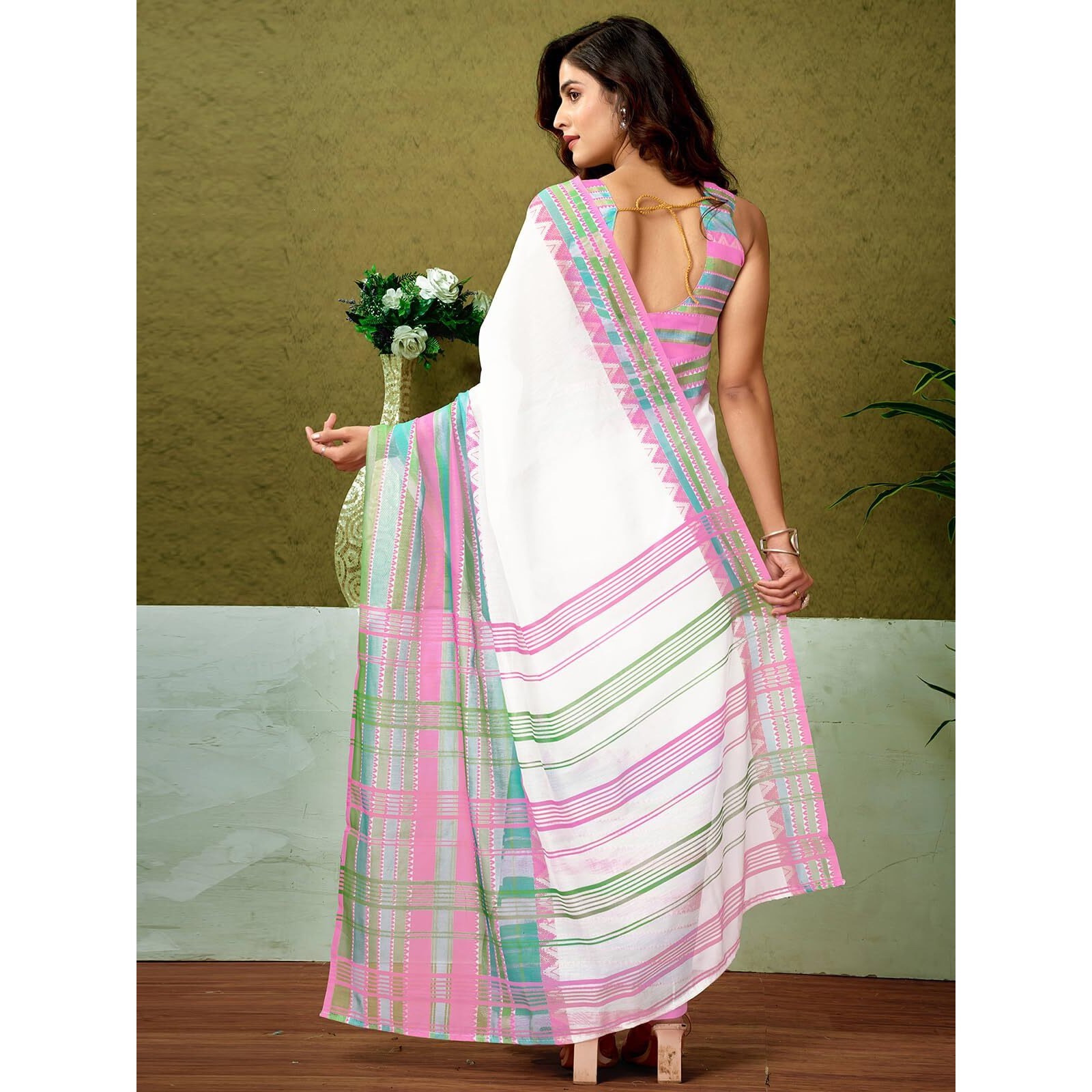 Satrani Women's Chanderi Cotton Printed Ready To Wear One Minute Pre Pleated Readymade Saree With Unstitched Blouse Piece (32Rs301N_White3)