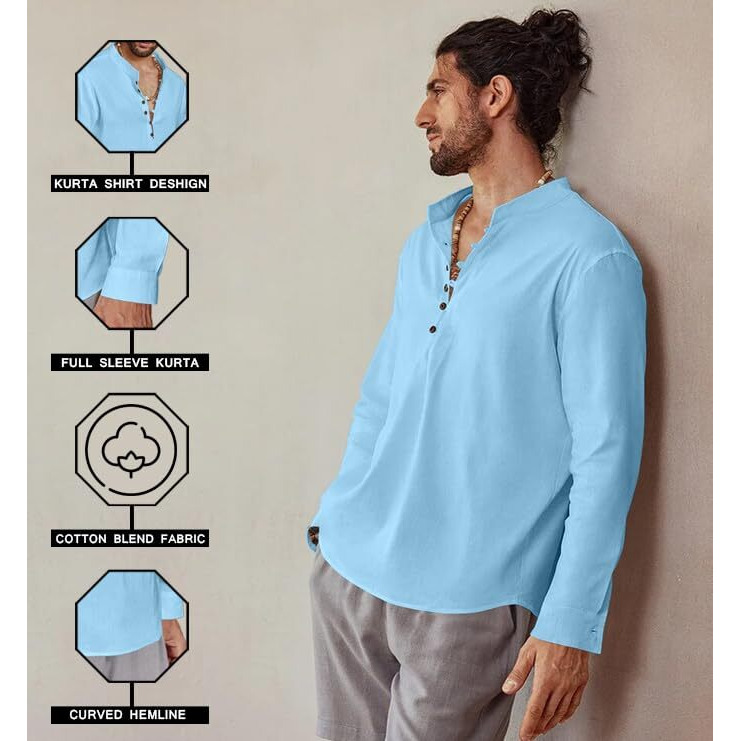 Royalscout Men's Cotton Solid Full Sleeve Short Kurta Shirt Sky
