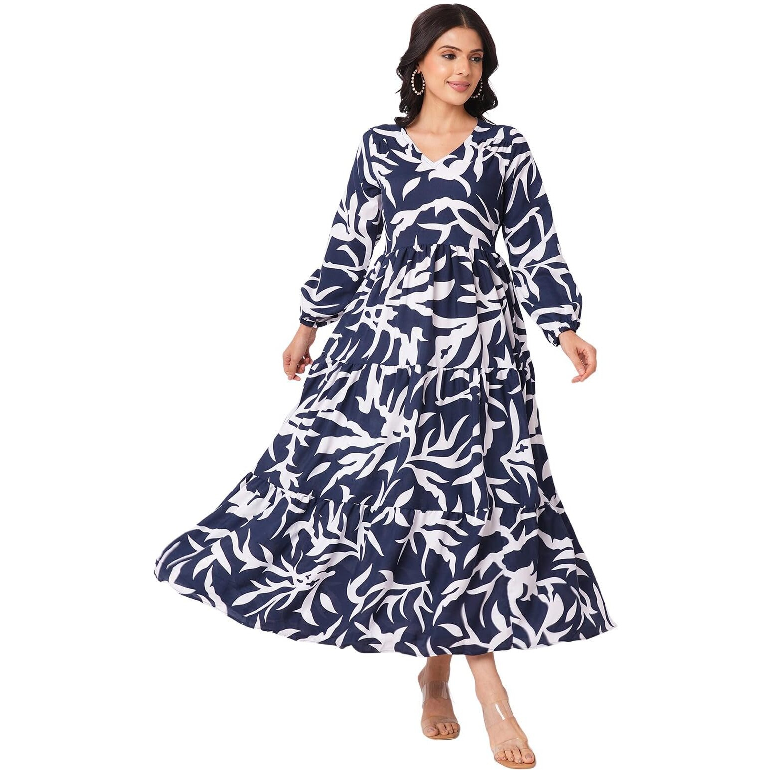 Selvia Women's Rayon Blend Maxi Dress (493Tk7616N-S_Dark Blue & White