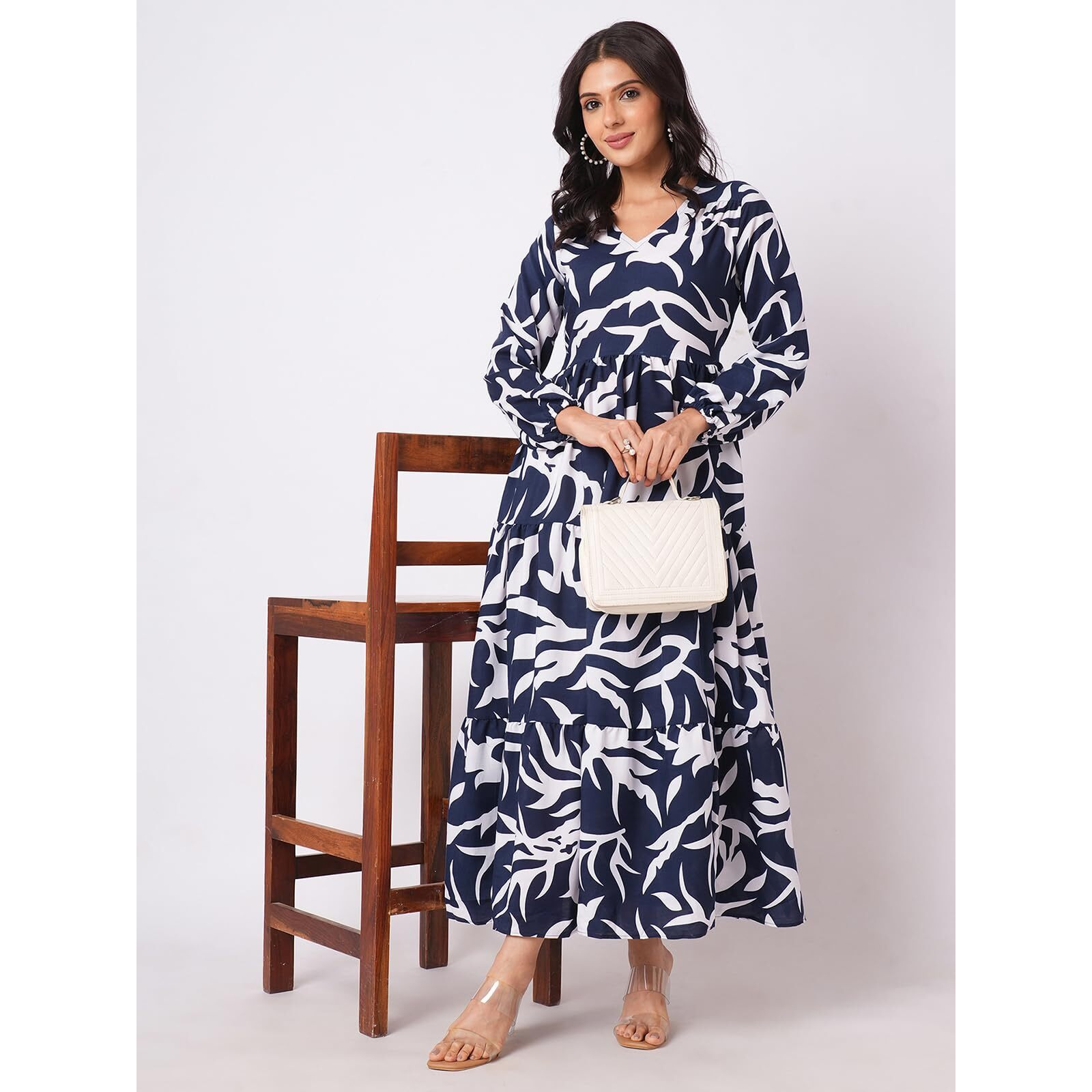 Selvia Women's Rayon Blend Maxi Dress (493Tk7616N-S_Dark Blue & White