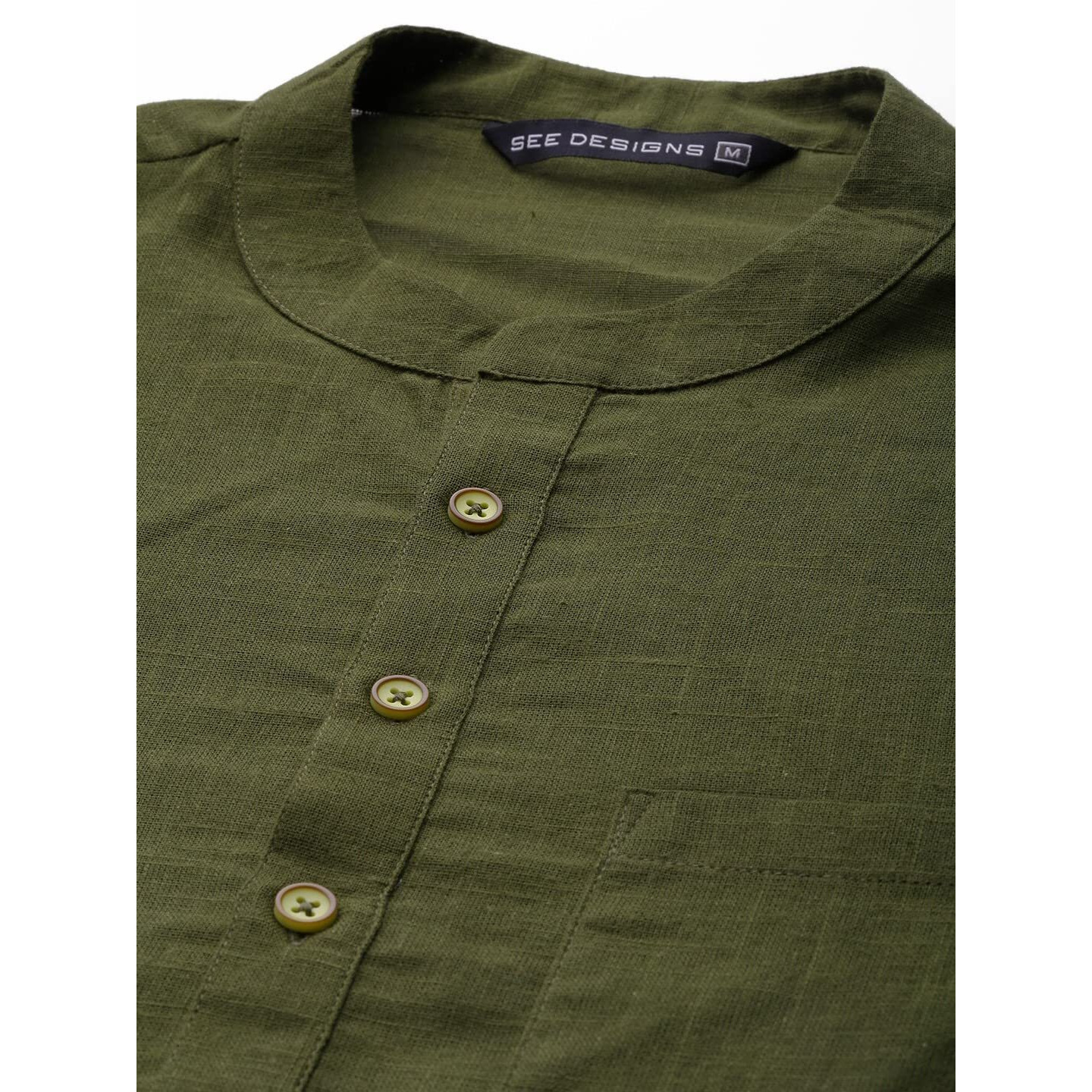 See Designs Men Olive Green Cotton Straight Kurta With Slub Effect With Pyjama - Sdkt102501L (L)