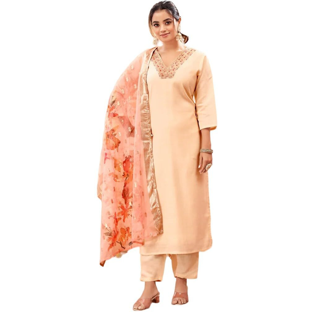 Smowkly Cotton Silk Blend || Dupatta Set || Kurta Pant Set || Printed Dupatta Set || Ethnic Set For Women (Peach, L)