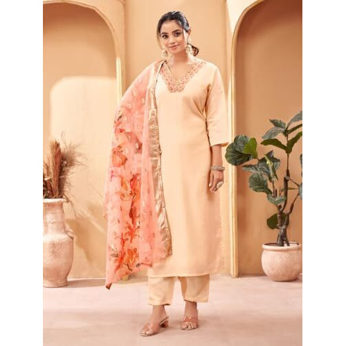 Smowkly Cotton Silk Blend || Dupatta Set || Kurta Pant Set || Printed Dupatta Set || Ethnic Set For Women (Peach, L)