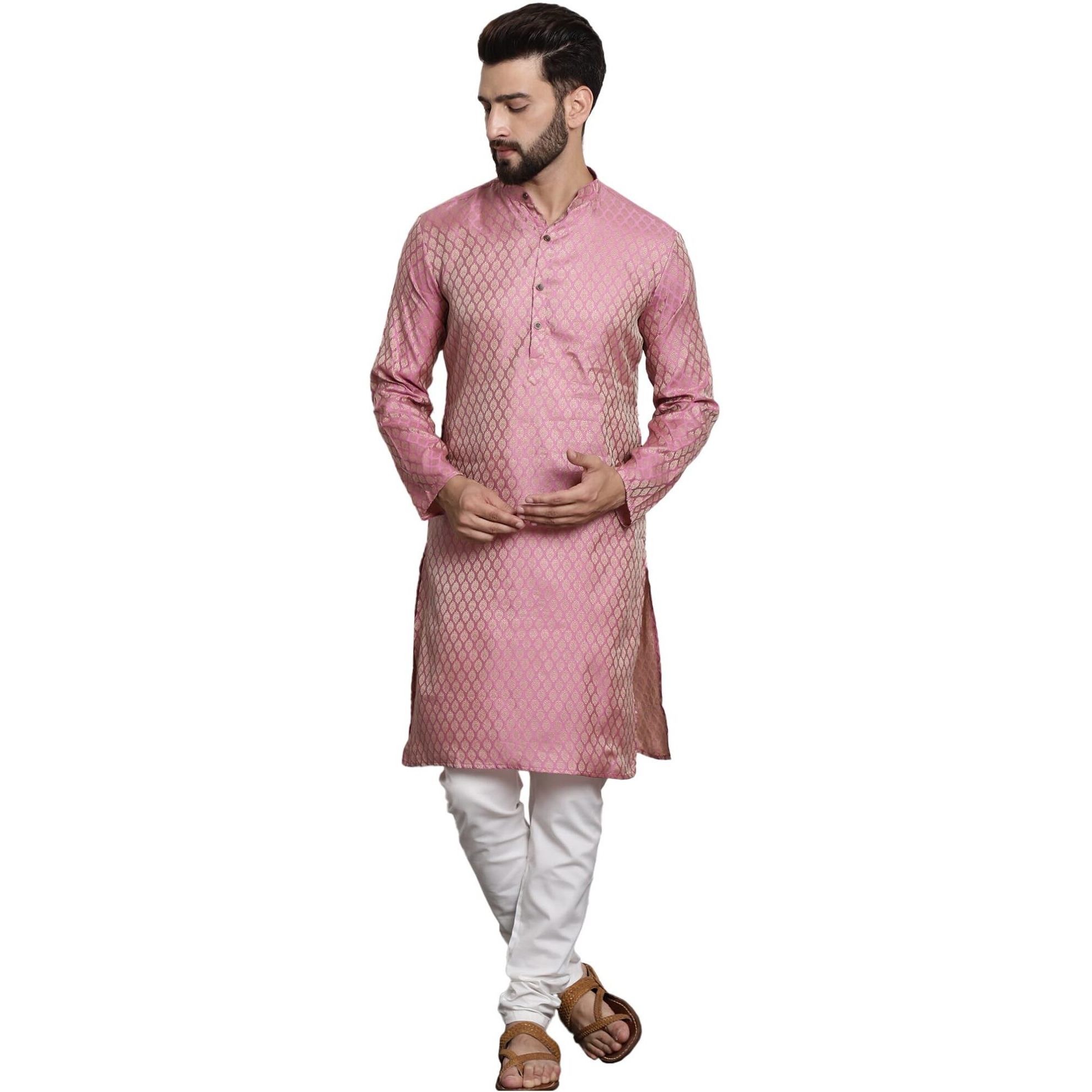 Sojanya (Since 1958 Men's Jacq Silk Pink Self Design Kurta & Off-White Churidar Pyjama Set