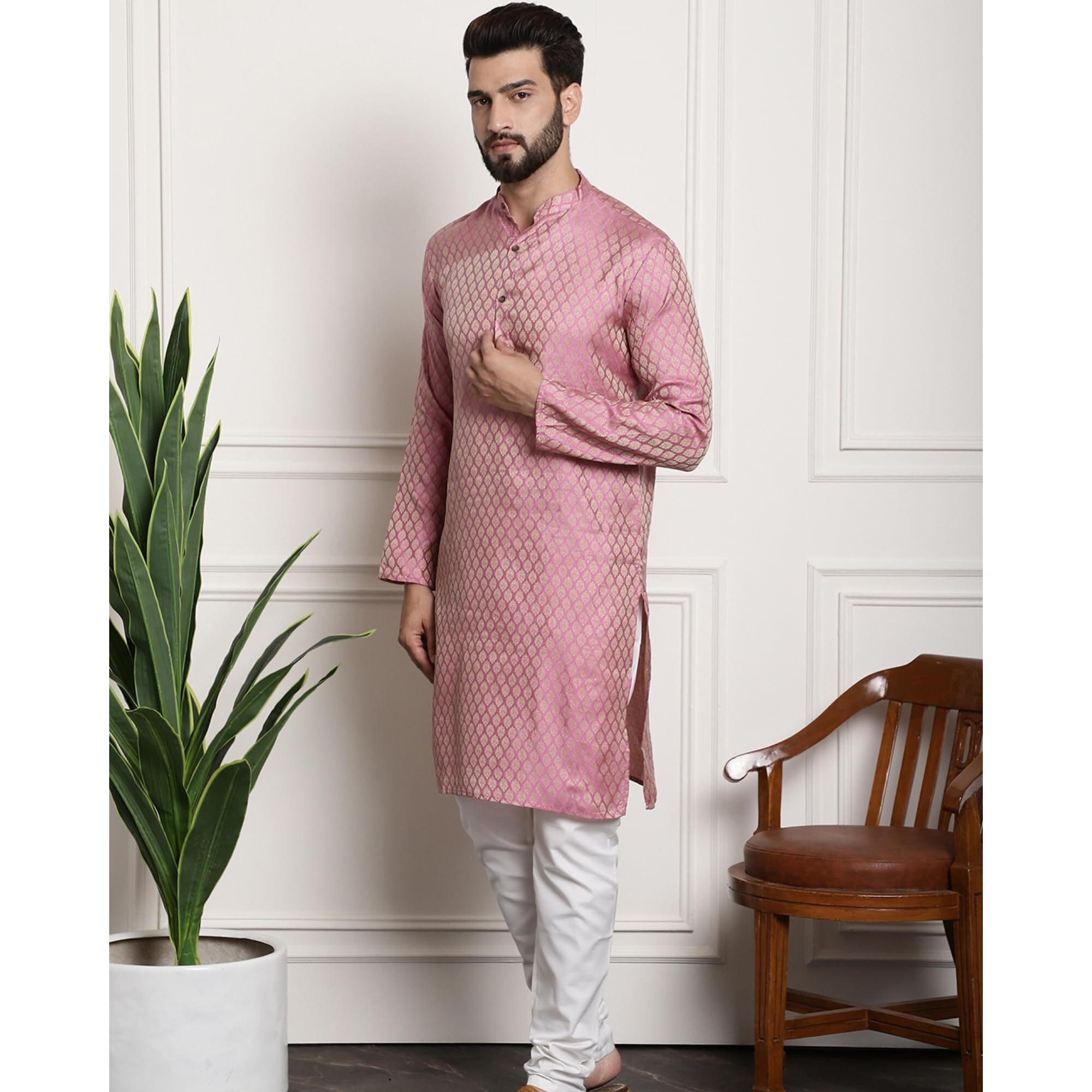 Sojanya (Since 1958 Men's Jacq Silk Pink Self Design Kurta & Off-White Churidar Pyjama Set