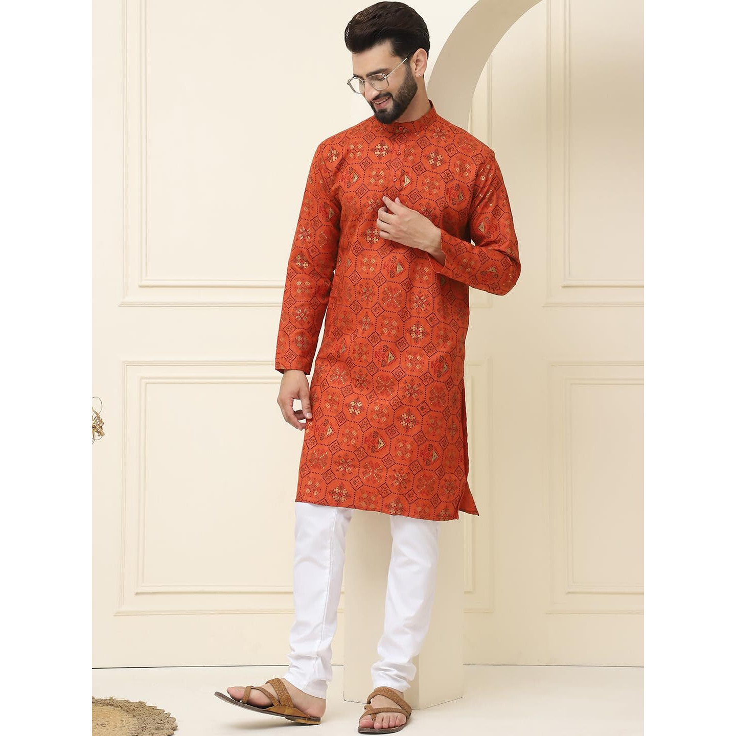Sojanya (Since 1958 Men's Cotton Blend Orange Printed Kurta And White Churidar Pyjama Set