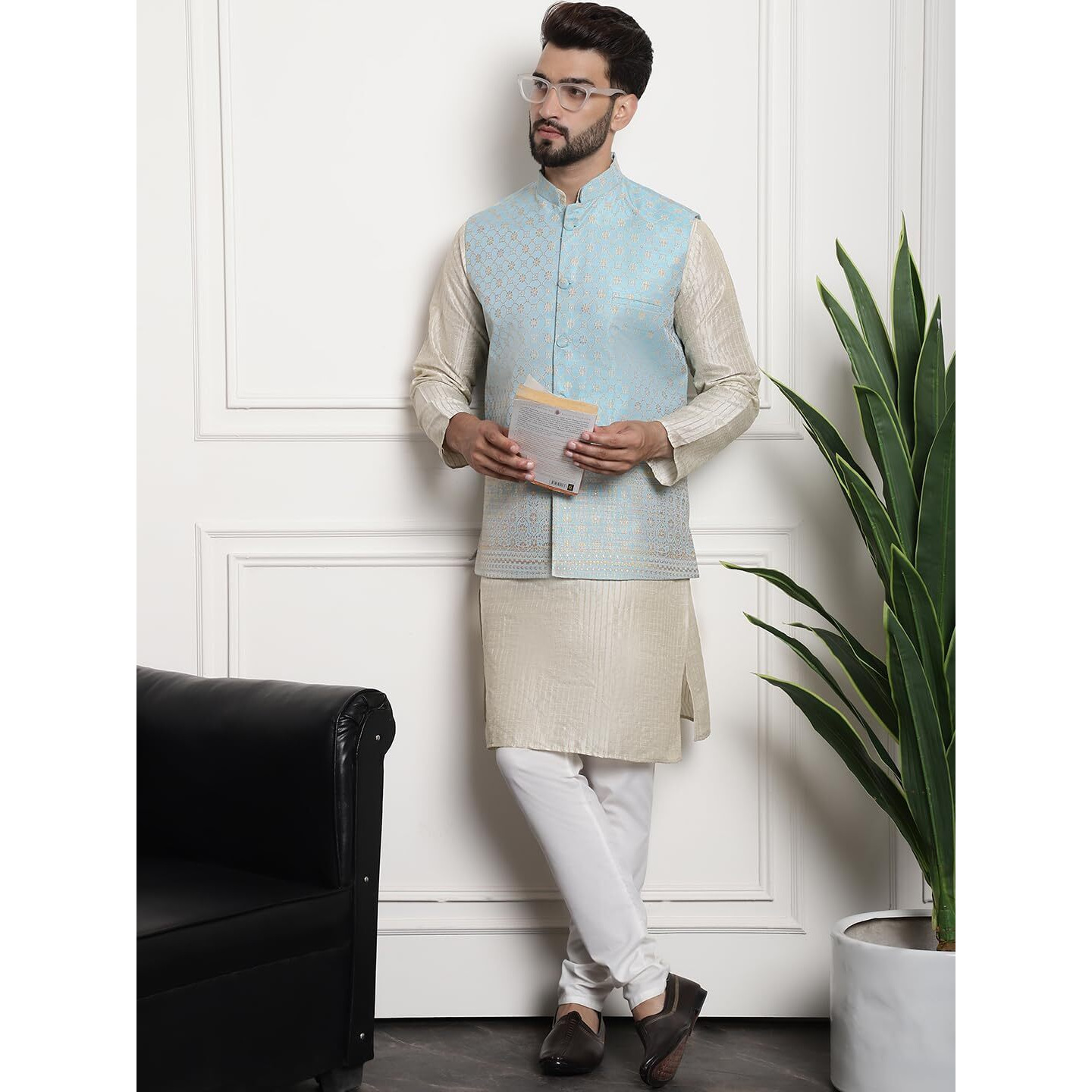 Sojanya (Since 1958 Men's Silk Blend Cream Kurta And Off-White Pyjama With Blue Stylish Nehruacket Set