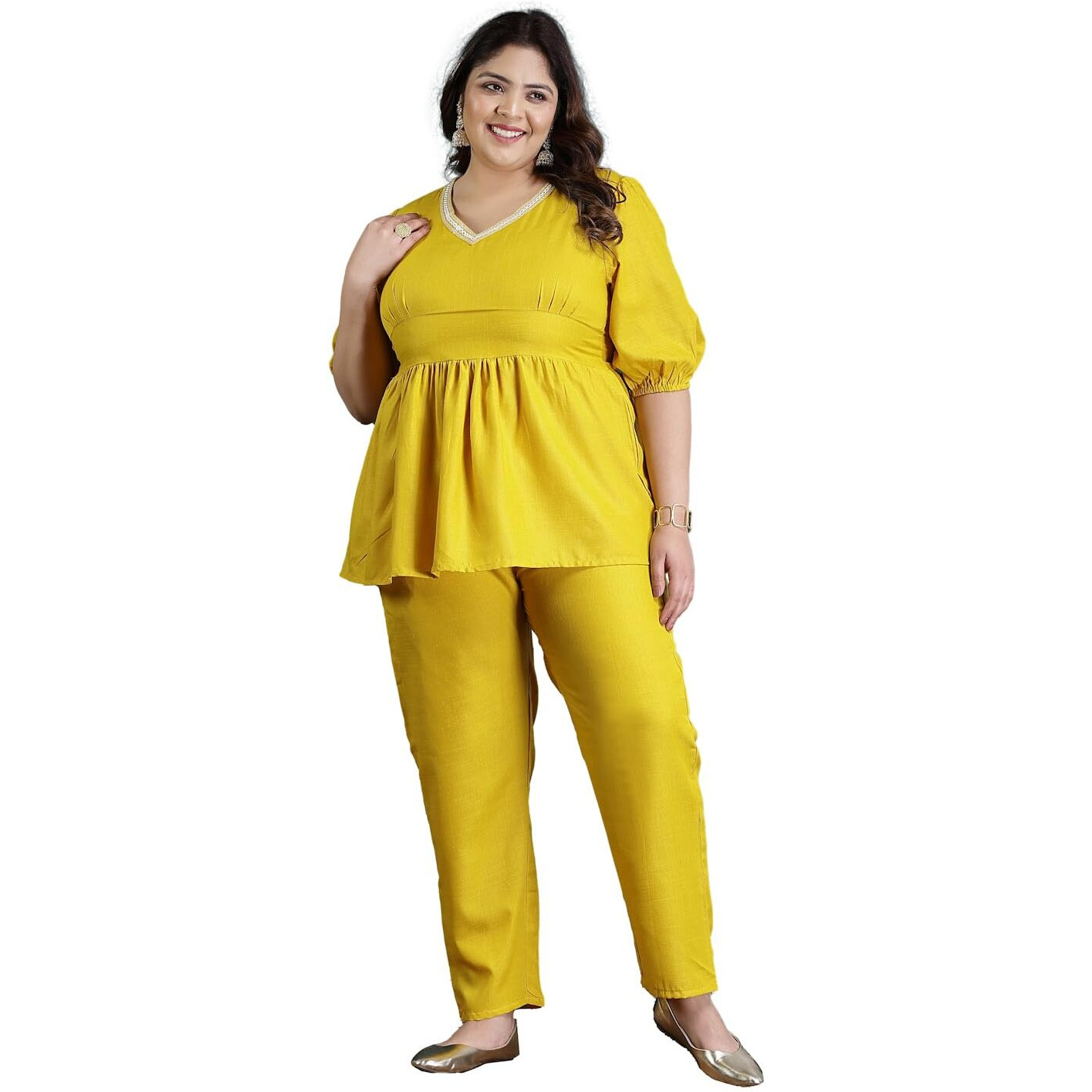 Stylum Plus Size Women Embroidered Cotton Blend Co-Ord Set (Csmangoplus48_Mustard, 4Xl)