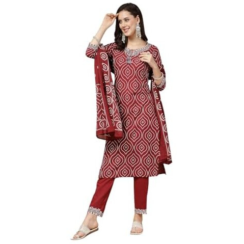 Stylum Women's Bandhani Printed & Embroidered Cotton Straight Kurta Pant Dupatta Set (Kpdmaroontira42_Maroon, Xl)