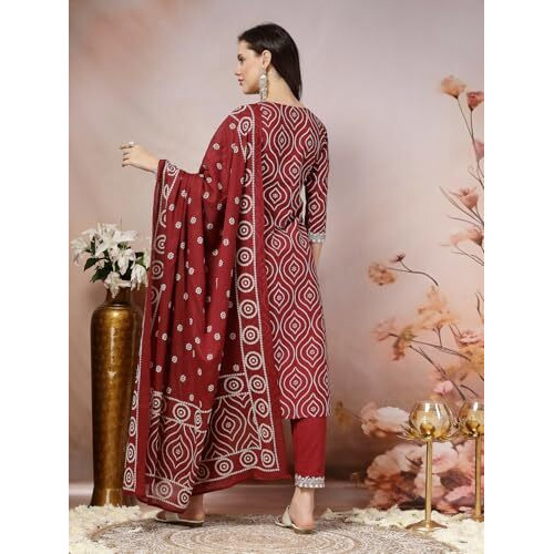 Stylum Women's Bandhani Printed & Embroidered Cotton Straight Kurta Pant Dupatta Set (Kpdmaroontira42_Maroon, Xl)