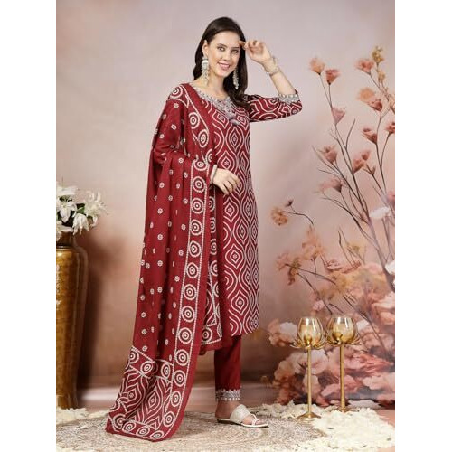 Stylum Women's Bandhani Printed & Embroidered Cotton Straight Kurta Pant Dupatta Set (Kpdmaroontira42_Maroon, Xl)