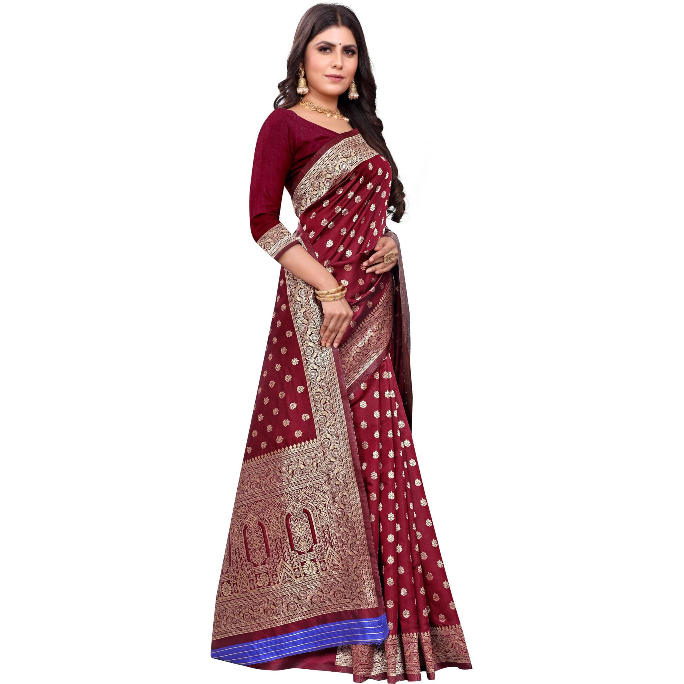 Sugathari Women's Banarasi Saree Pure Kanjivaram Silk Saree Soft New Ladies 2023 Design Wear Pattu Sarees Latest Cotton Party Sari Collections With Blouse Piece For Wedding Sadi (Sam Pari-124 Maroon)