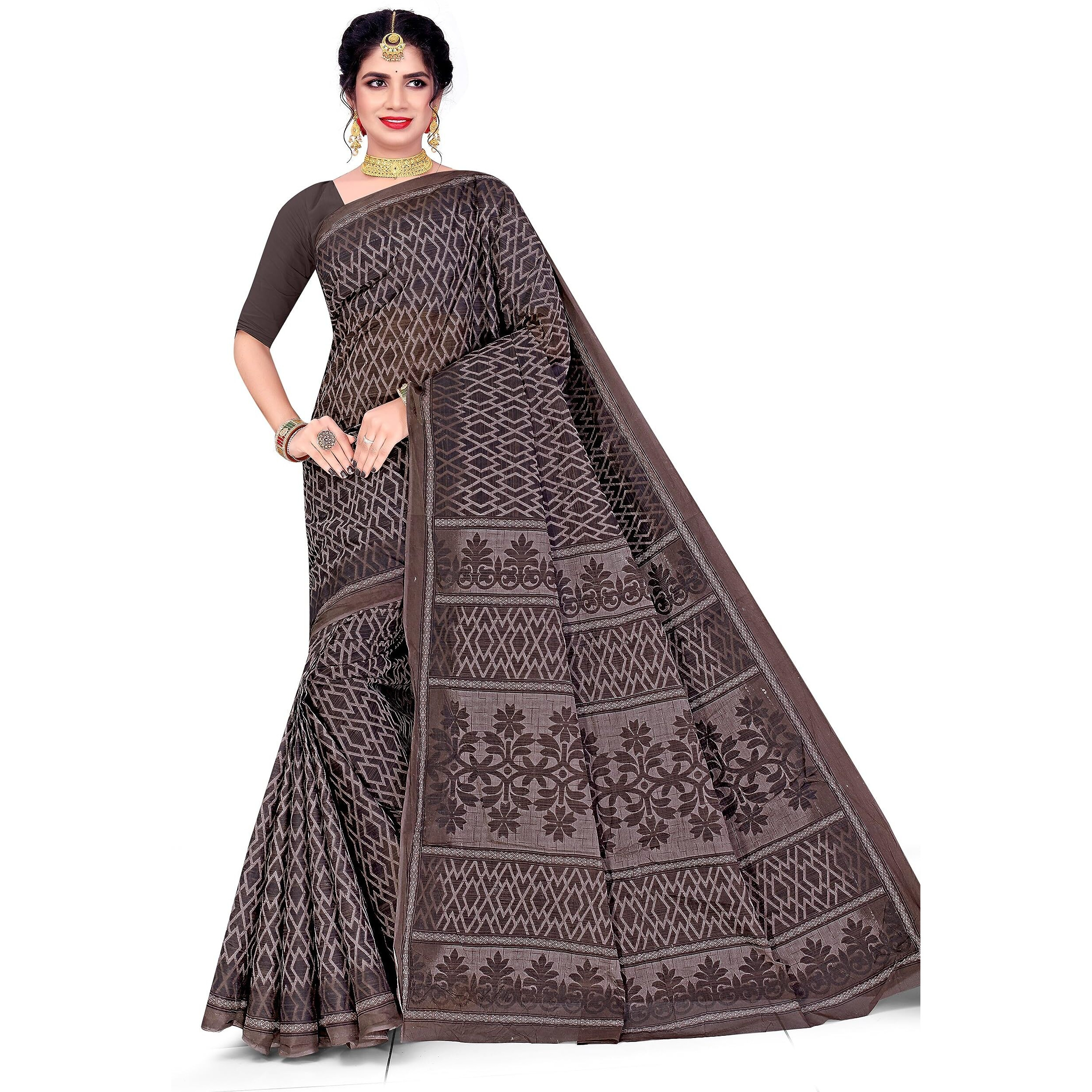 Tamaira Fashion Women's Plain Weave Pure Cotton Saree Without Blouse Piece(11014_Grey)