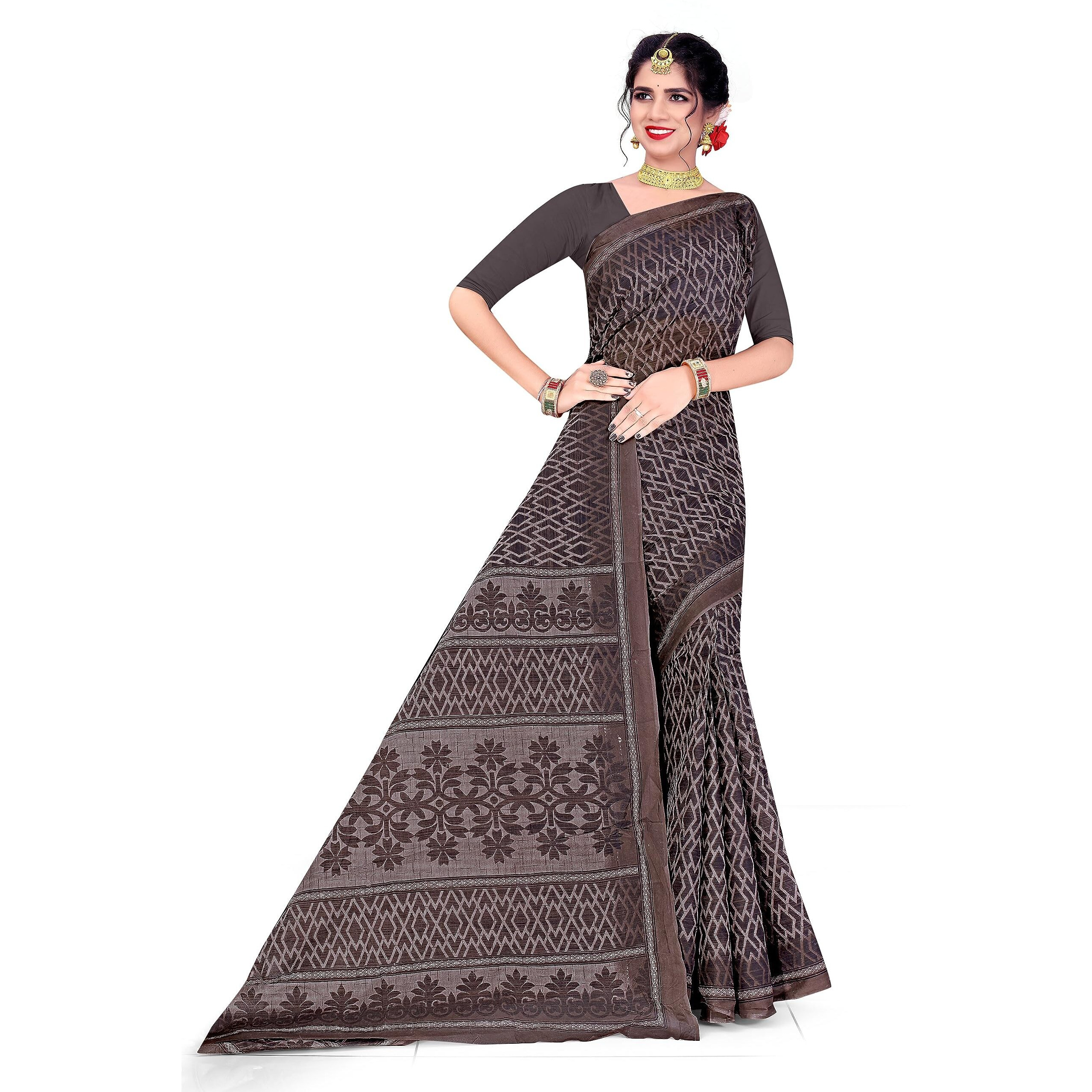 Tamaira Fashion Women's Plain Weave Pure Cotton Saree Without Blouse Piece(11014_Grey)