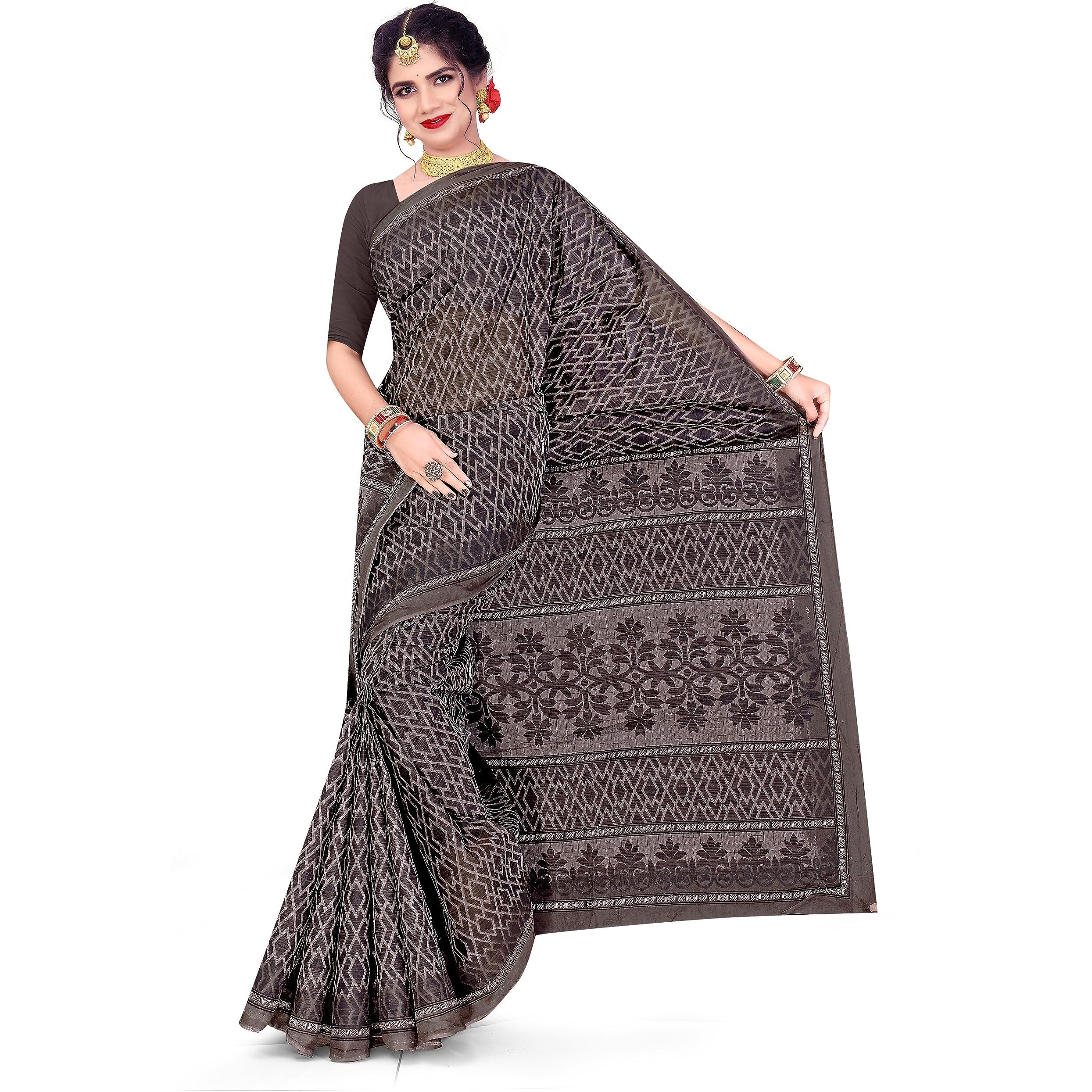 Tamaira Fashion Women's Plain Weave Pure Cotton Saree Without Blouse Piece(11014_Grey)