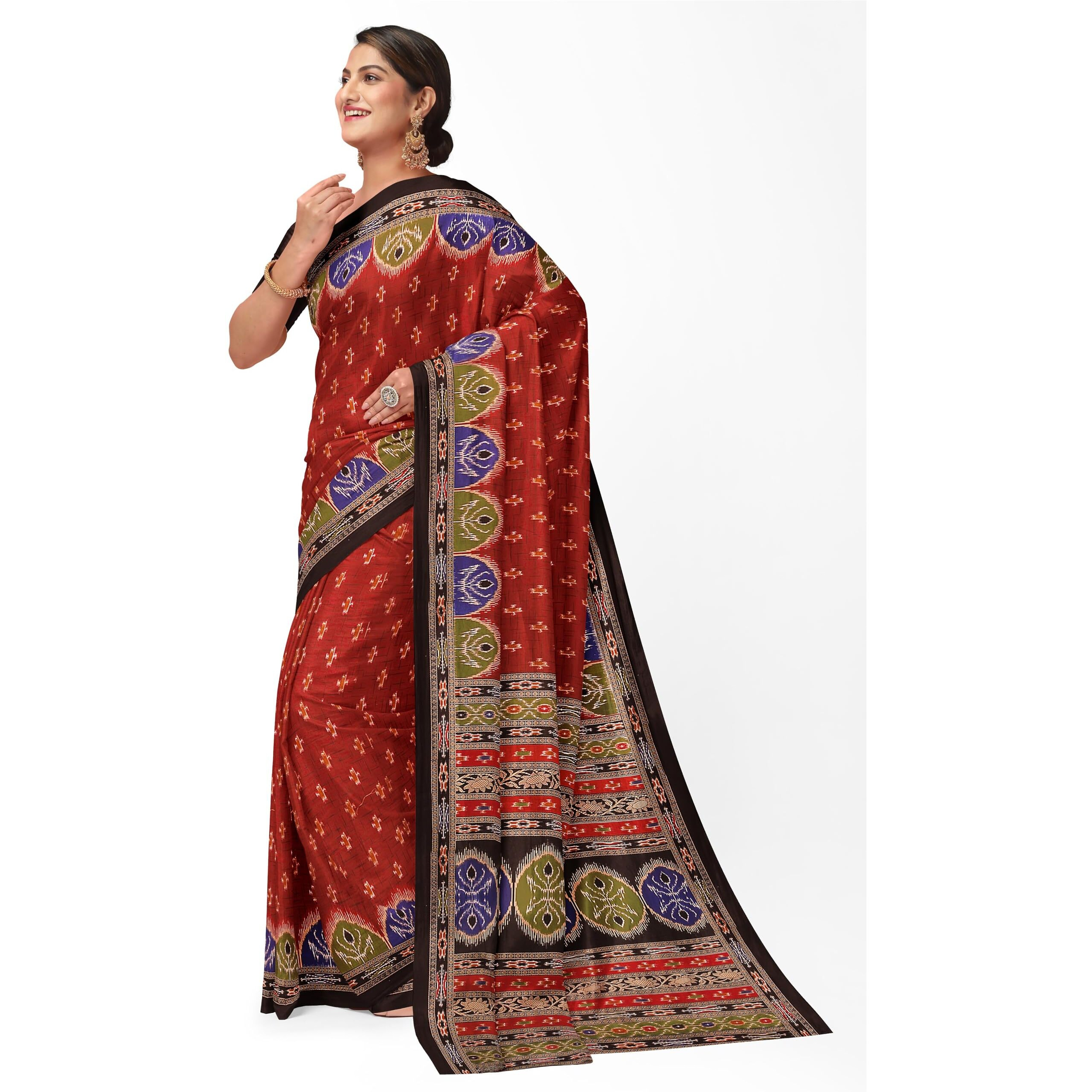 Tamaira Fashion Women's Pochampally Ikkat Print Pure Cotton Saree Without Blouse Piece(11092_Red)