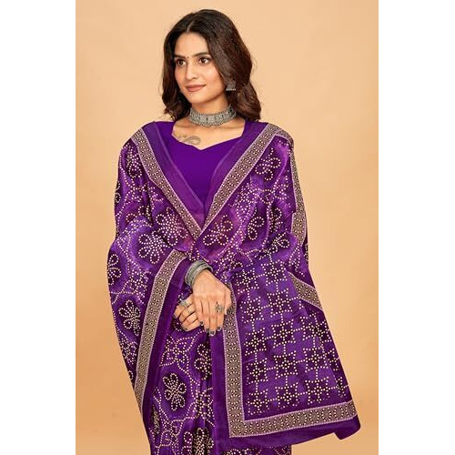 Tamaira Fashion Women's Bandhani Printed Pure Cotton Mulmul Saree Without Blouse Piece(11635_Purple)