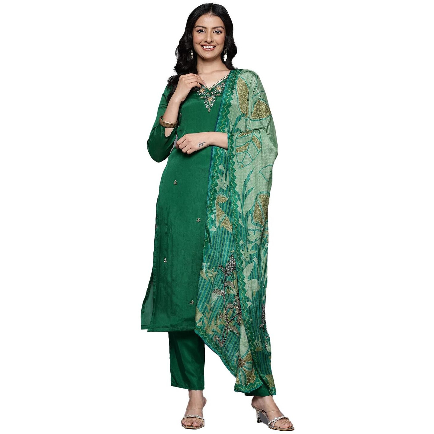 Varanga Women Green V-Neck Dabka And Cutdana Work Straight Kurta Paired With Bottom And Embroidered Dupatta