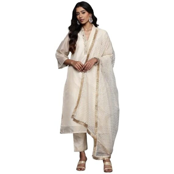 Varanga Women Cream Brocade Shimmer Zari Embroidered Kurta Set With Dupatta