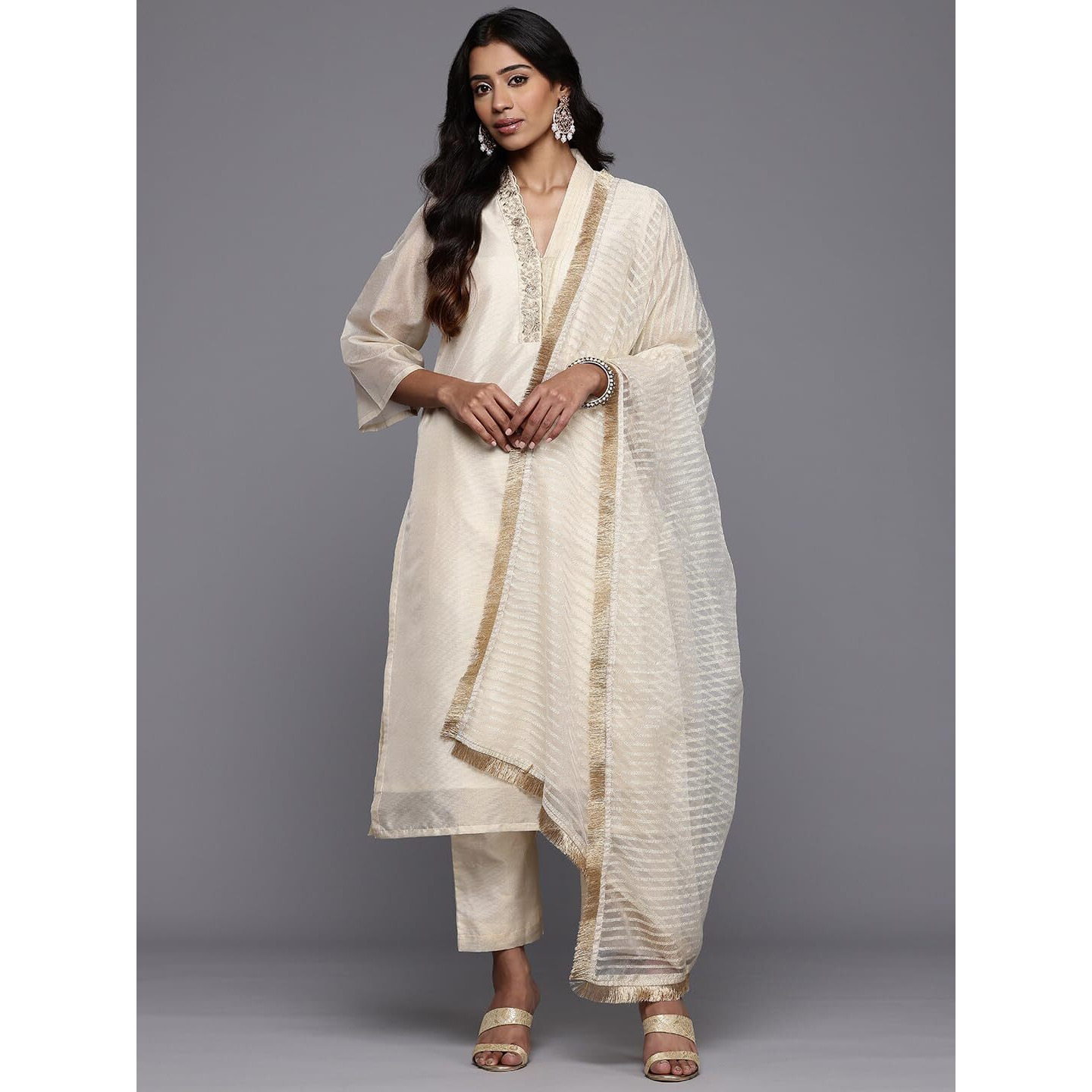 Varanga Women Cream Brocade Shimmer Zari Embroidered Kurta Set With Dupatta
