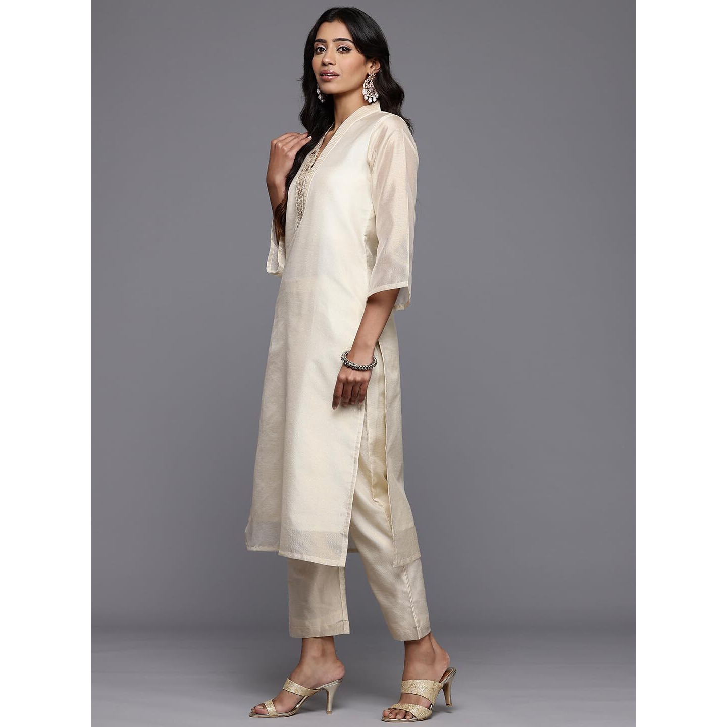 Varanga Women Cream Brocade Shimmer Zari Embroidered Kurta Set With Dupatta