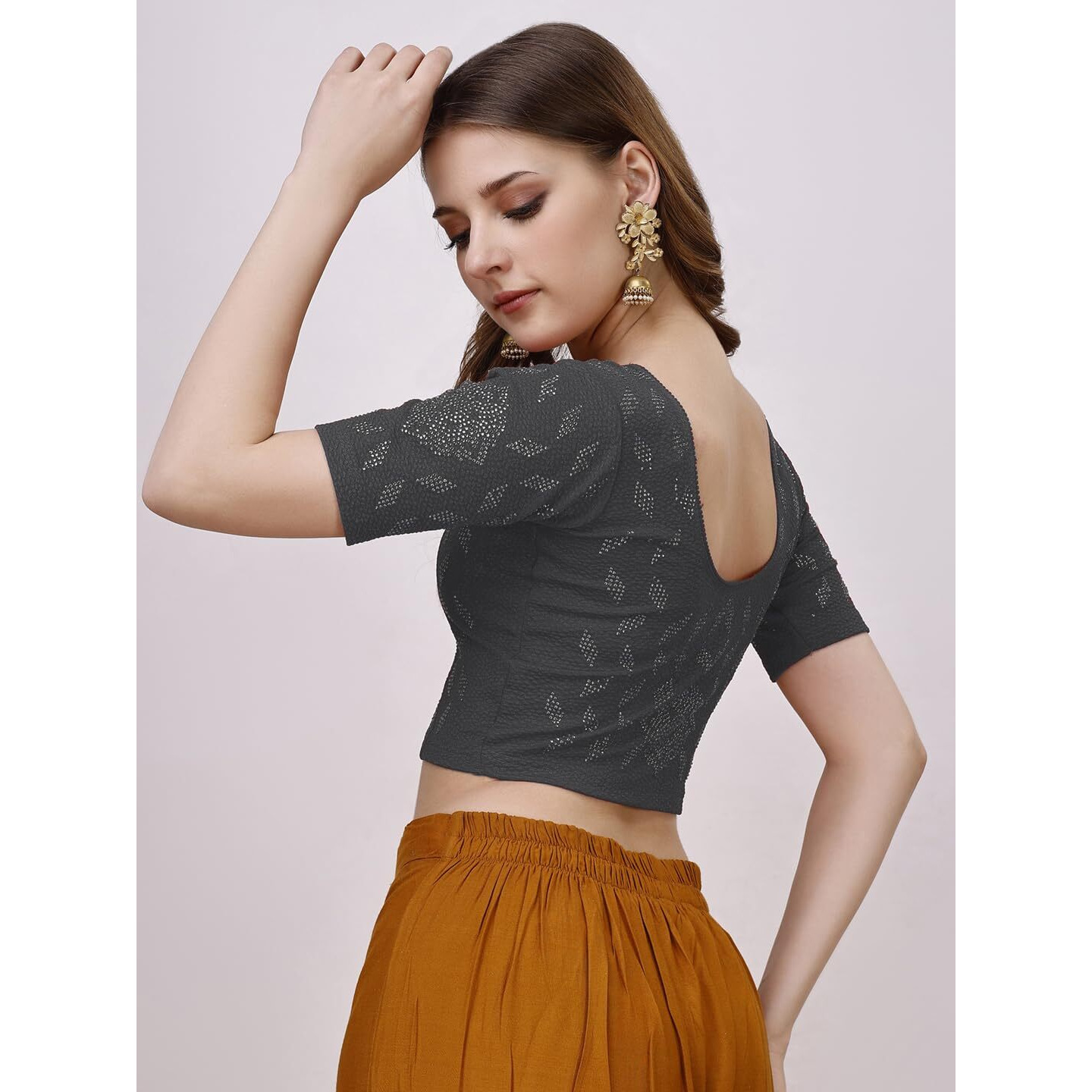 Vihu Fashion Women's Readymade Hosiery Lycra Stretchable Round Neck Half Sleeve Blouse With Swaroski Work Fancy Lycra Stretchable Smoky Gray Blouse For Women Readymade Saree Blouse