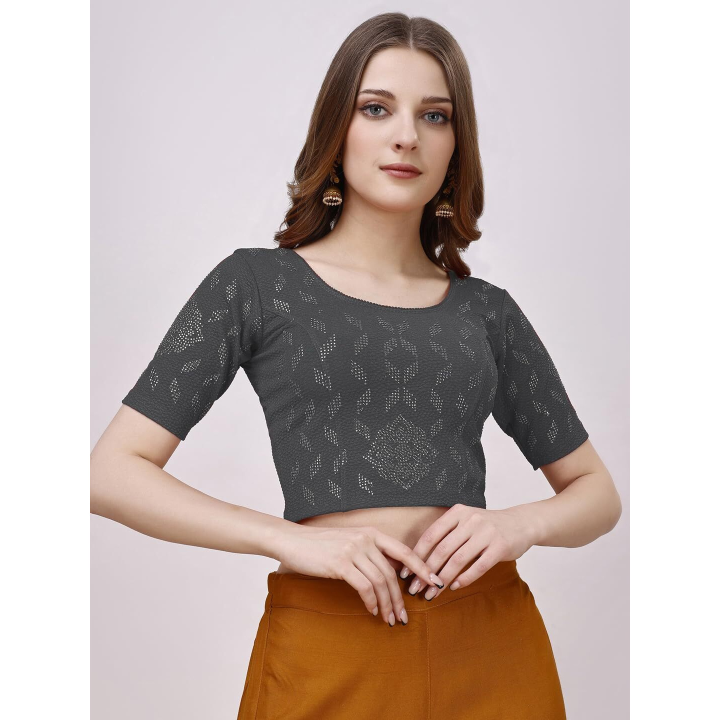 Vihu Fashion Women's Readymade Hosiery Lycra Stretchable Round Neck Half Sleeve Blouse With Swaroski Work Fancy Lycra Stretchable Smoky Gray Blouse For Women Readymade Saree Blouse