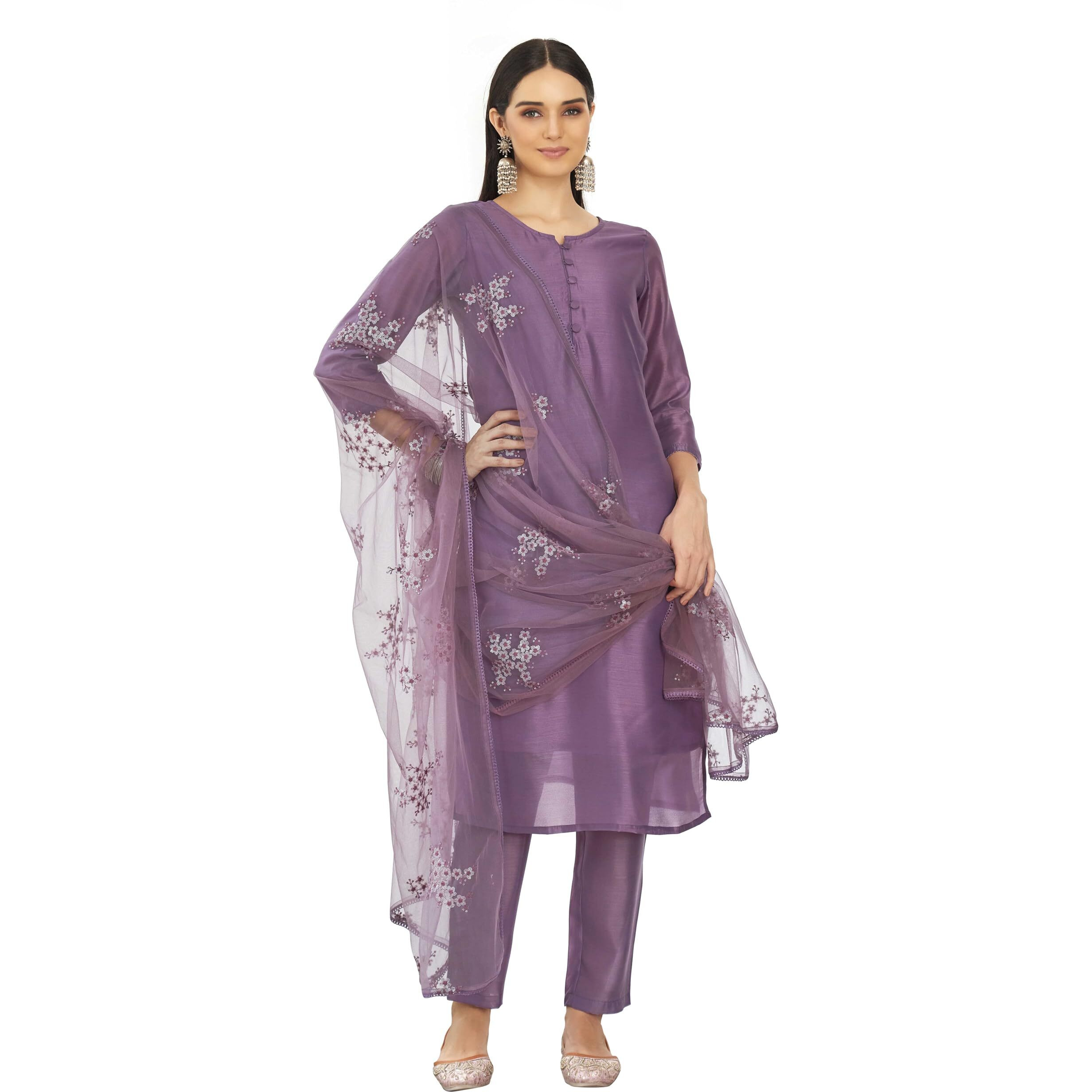 Womanista Women's Purple Color Silk Blend Solid Kurta Set With Embroidered Dupatta(Kurtaset_1338_S)