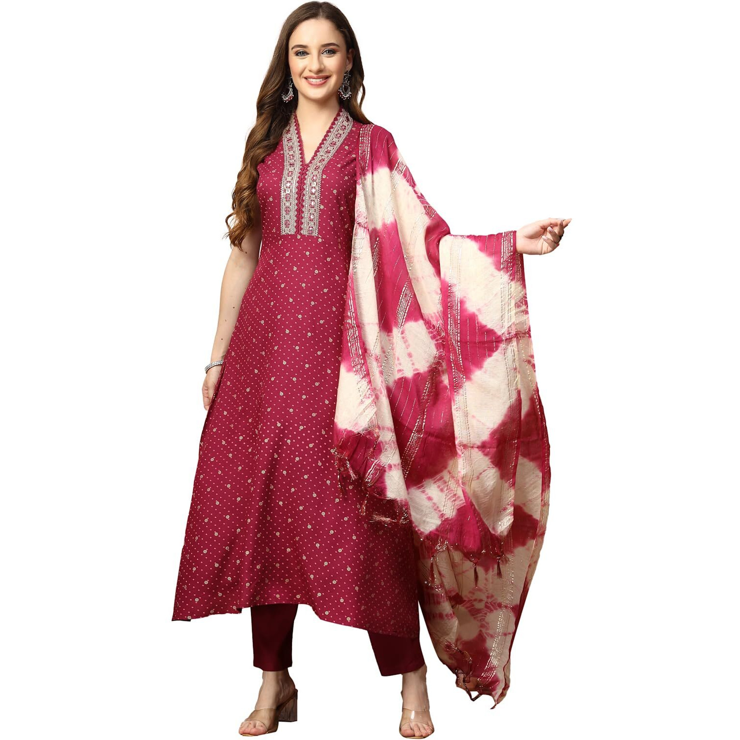 Stylum Women's Khari Printed & Embroidered Rayon A-Line Kurta Dupatta Set (Kdwinewilliam42_Wine, Xl)