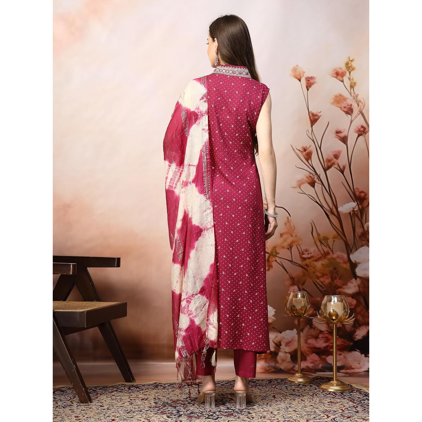 Stylum Women's Khari Printed & Embroidered Rayon A-Line Kurta Dupatta Set (Kdwinewilliam42_Wine, Xl)