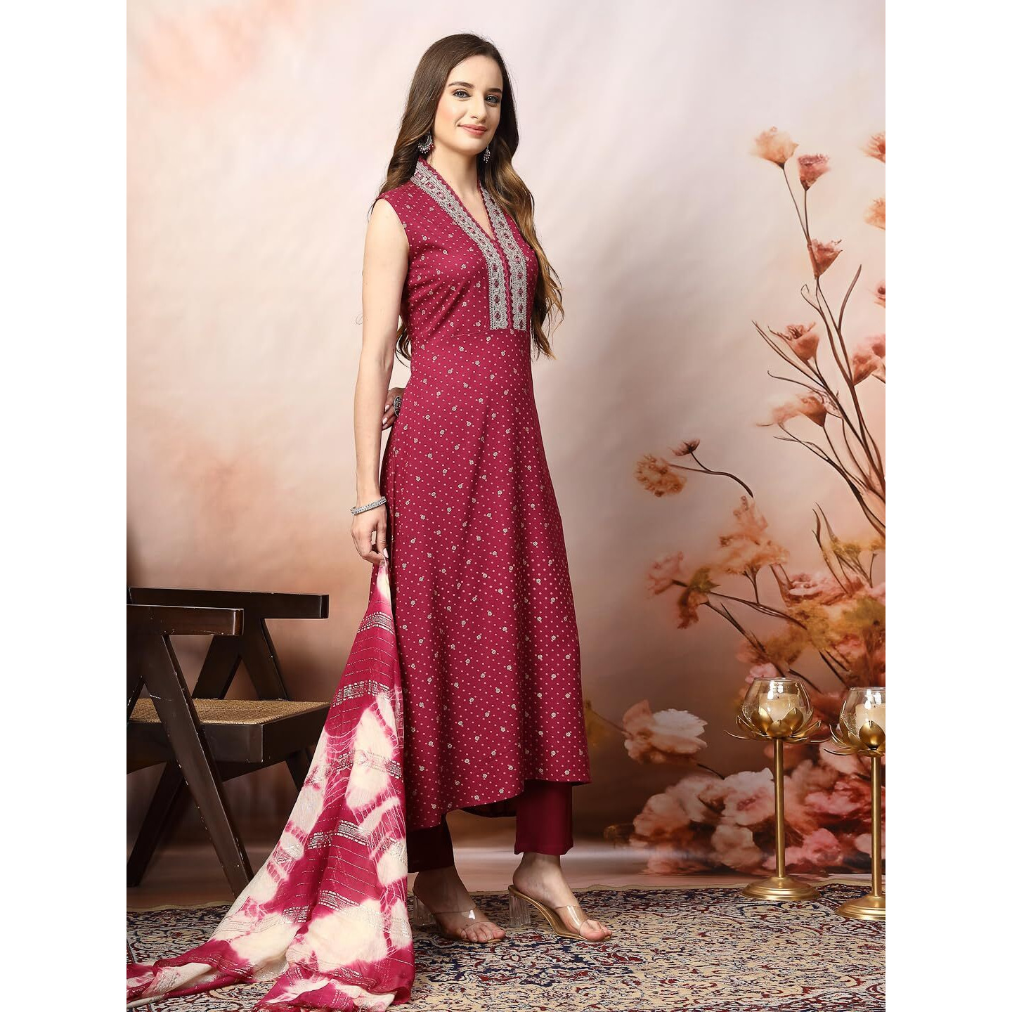 Stylum Women's Khari Printed & Embroidered Rayon A-Line Kurta Dupatta Set (Kdwinewilliam42_Wine, Xl)