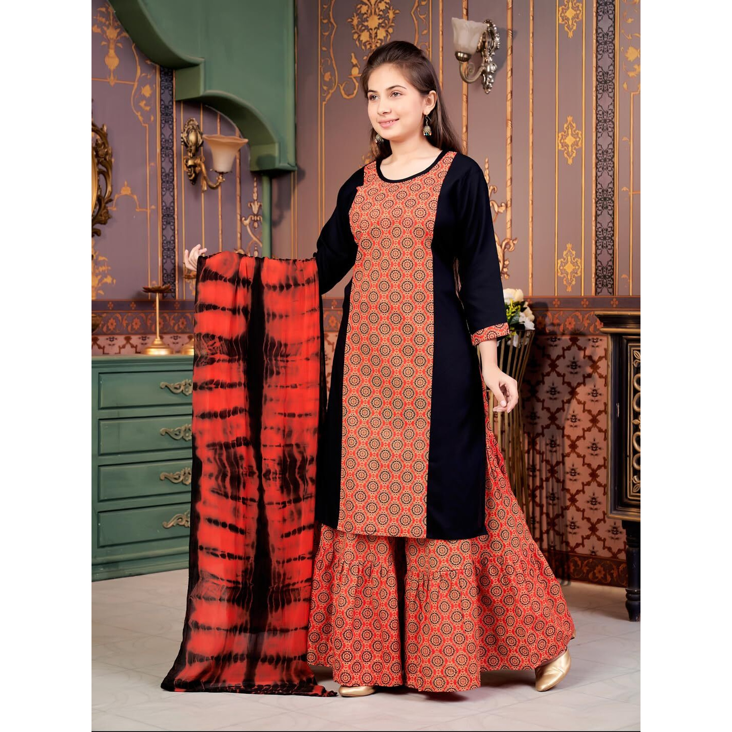 Aarika Girls Ethnic Wear Black Colour Damask Print Rayon Kurti-8-15 Years (Kurti-Tr-K-864)