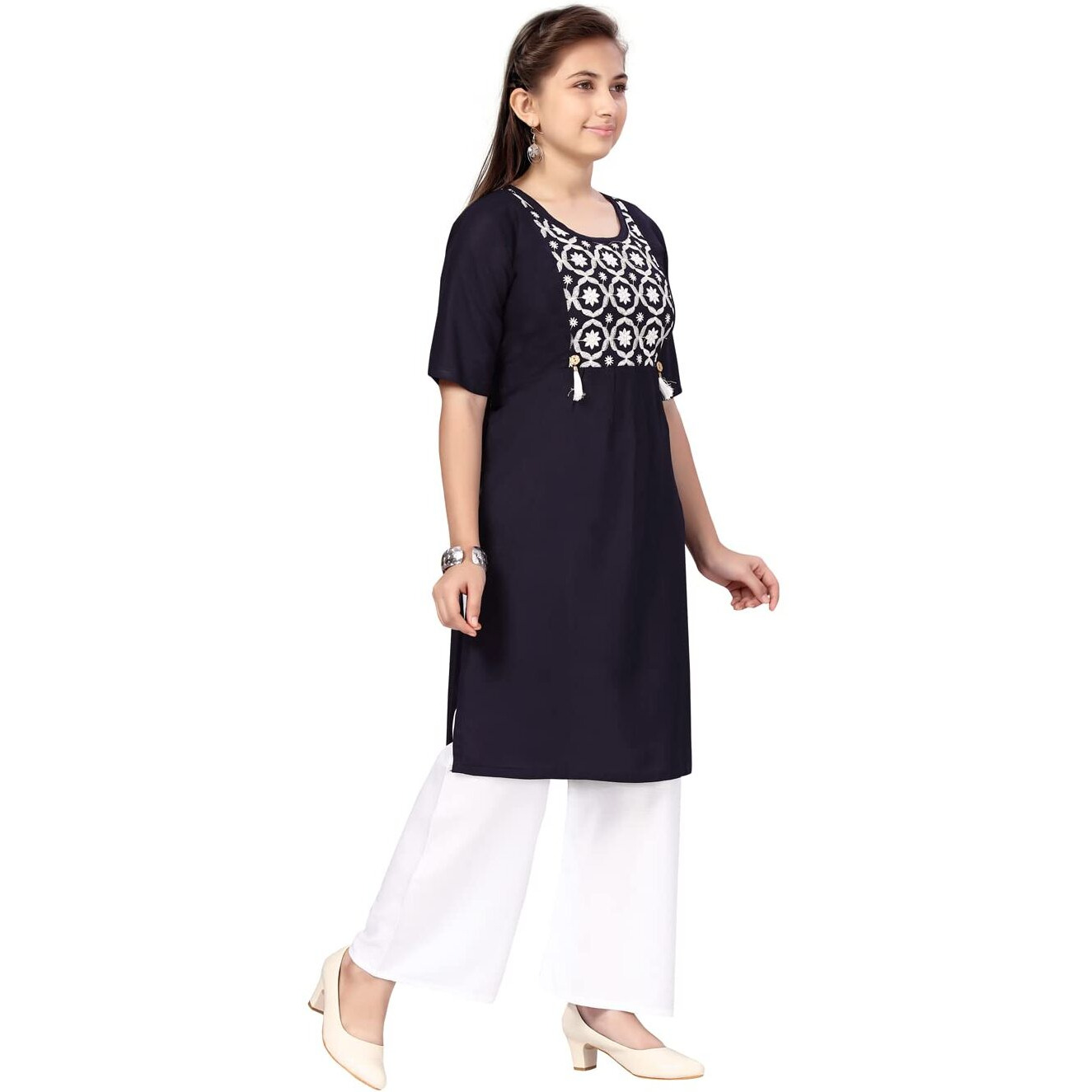 Aarika Girl's Cotton Kurti Palazzo Set (Pl-H-6_Navy Blue-White_38)