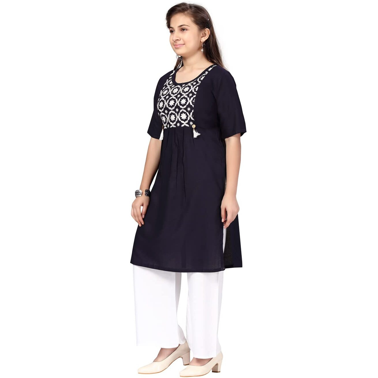 Aarika Girl's Cotton Kurti Palazzo Set (Pl-H-6_Navy Blue-White_38)