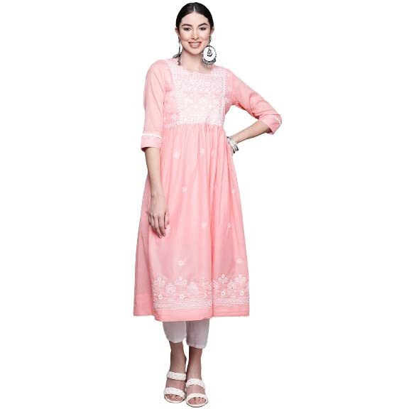 Anubhutee Women's Cotton Pink Yoke Embroidered Ethnic Dress