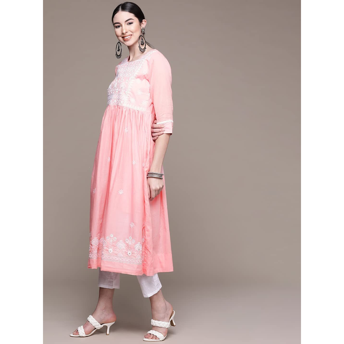 Anubhutee Women's Cotton Pink Yoke Embroidered Ethnic Dress
