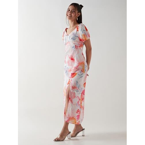 Bewakoof Women's All Over Print Regular Fit Half Sleeve V-Neck Poly Blend Dress_635469_Multicolor_Xl