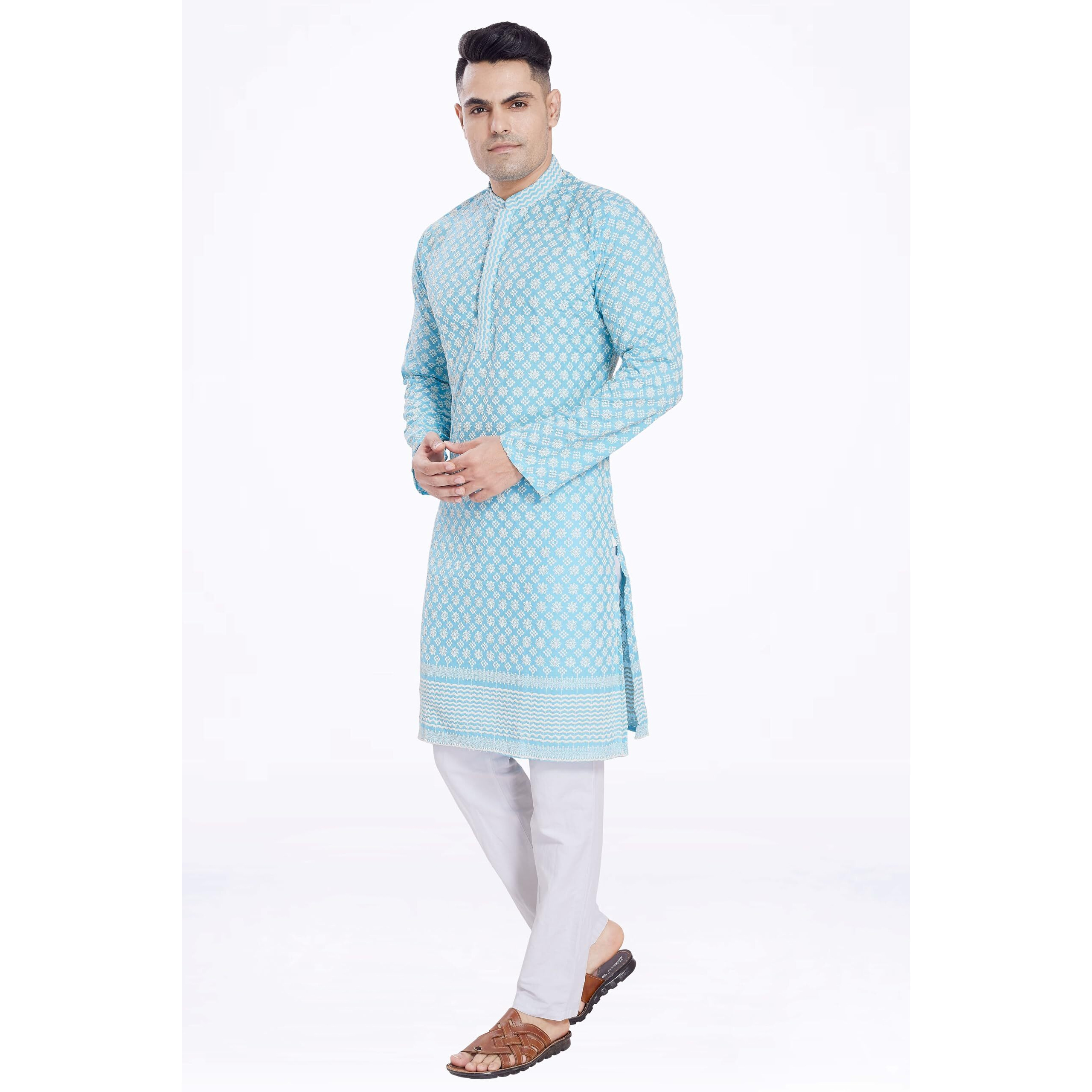 Divisive Men's Thread Embroidered Cotton Blend Only Slim Fit Kurta (Dkrt169_S_Sky Blue)