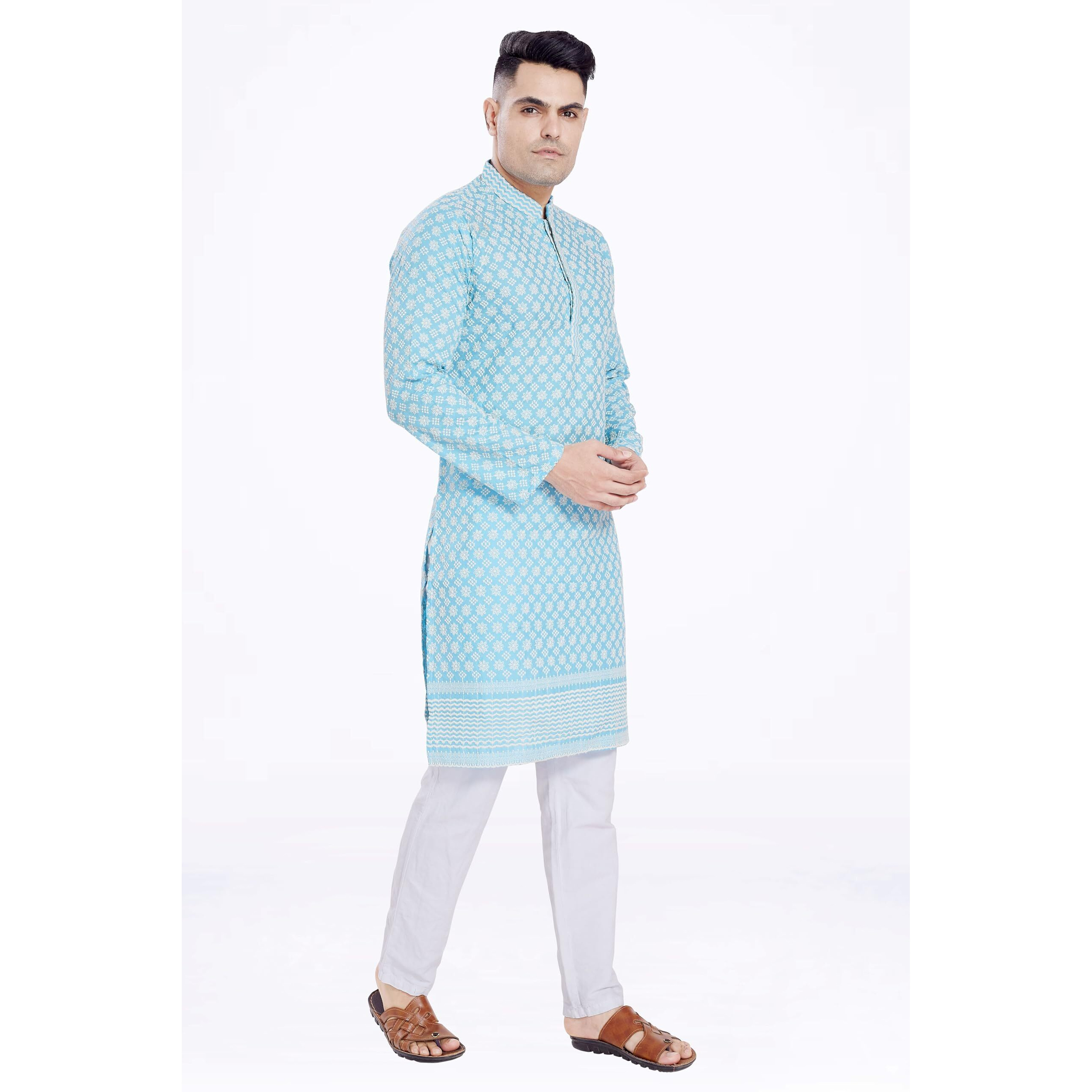 Divisive Men's Thread Embroidered Cotton Blend Only Slim Fit Kurta (Dkrt169_S_Sky Blue)