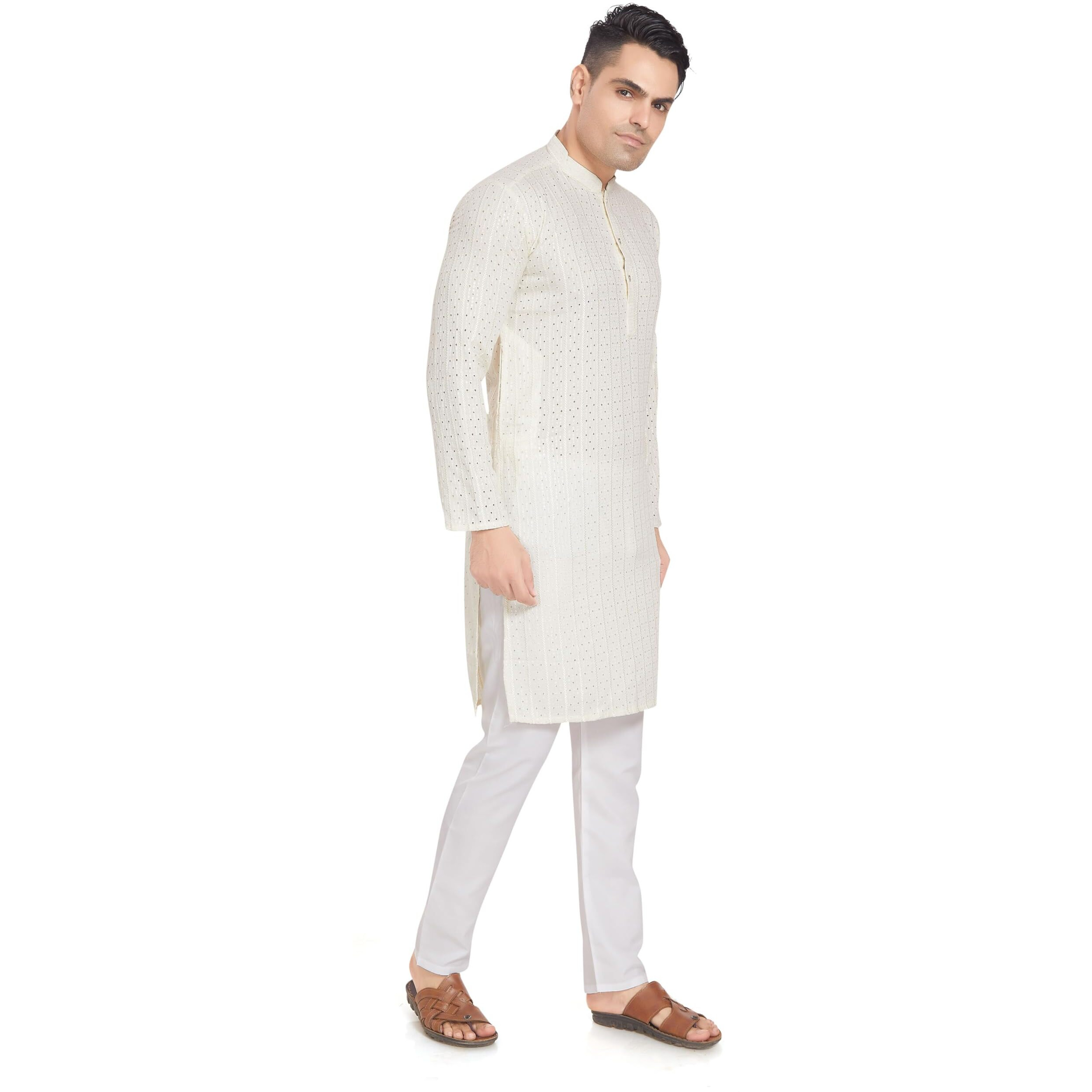 Divisive Men's Embroidered Cotton Blend Only Slim Fit Kurta (Dkrt377_M_Cream)