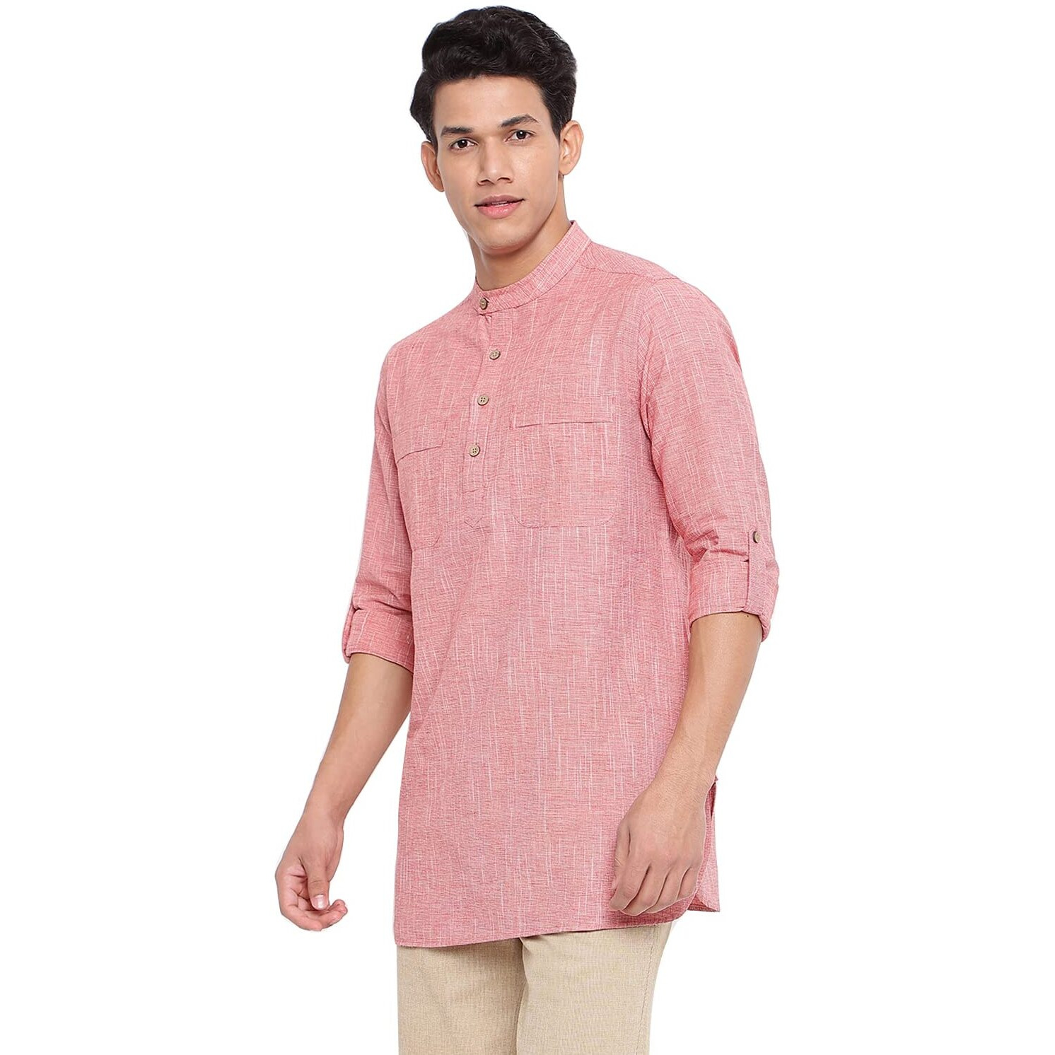 Fabindia Men Chinese Collar Short Kurta Cotton_Xs Pink
