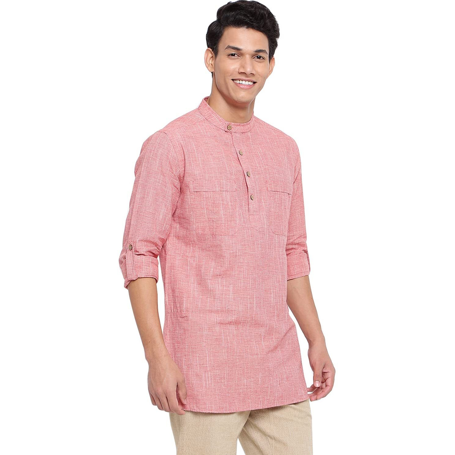Fabindia Men Chinese Collar Short Kurta Cotton_Xs Pink