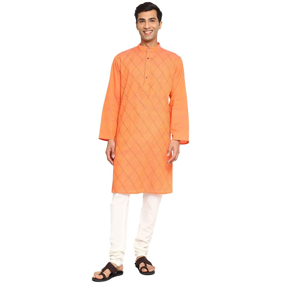 Fabindia Men's Cotton Pintucks Relaxed Kurta (102885402_Orange