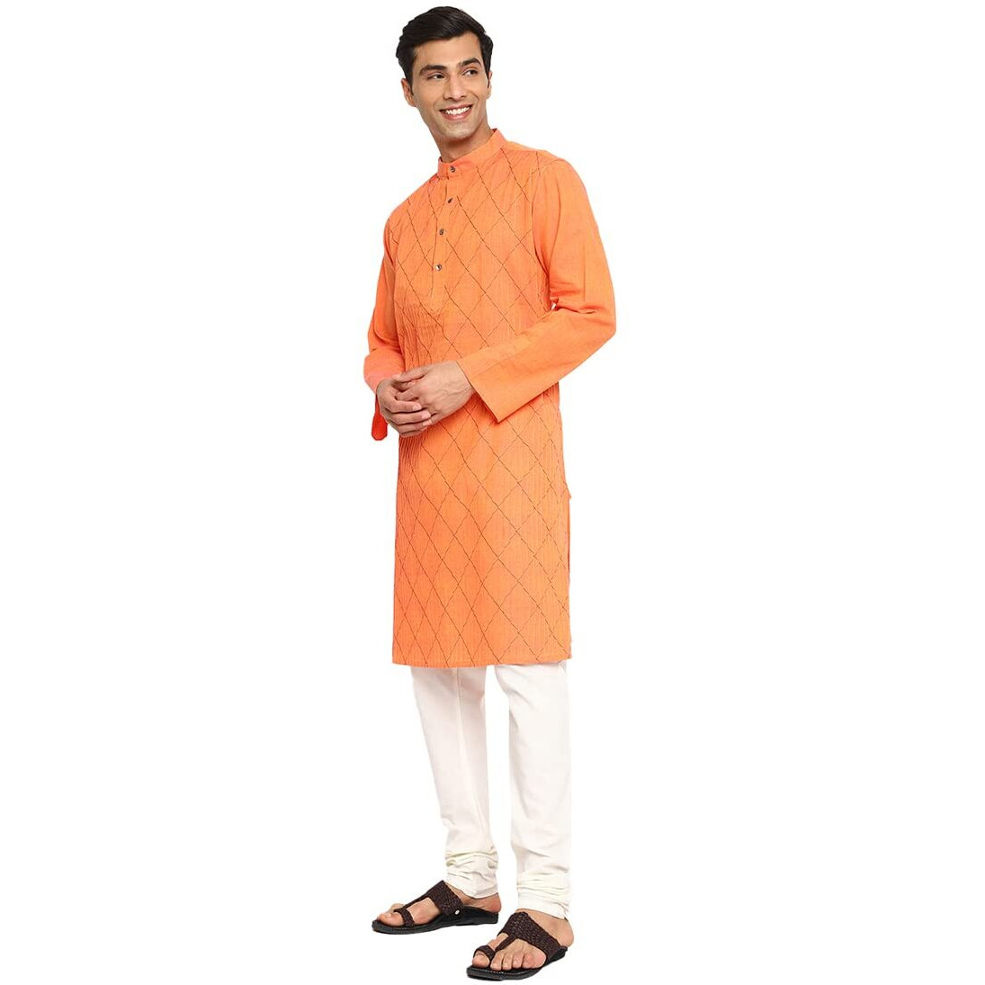 Fabindia Men's Cotton Pintucks Relaxed Kurta (102885402_Orange