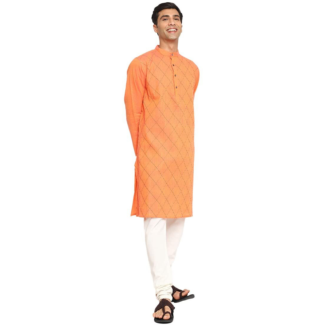 Fabindia Men's Cotton Pintucks Relaxed Kurta (102885402_Orange