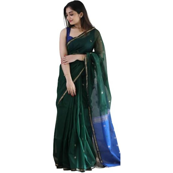 Flosive Women's Mix Color & Golden Kanjivaram Wedding Saree With Blouse (Green)