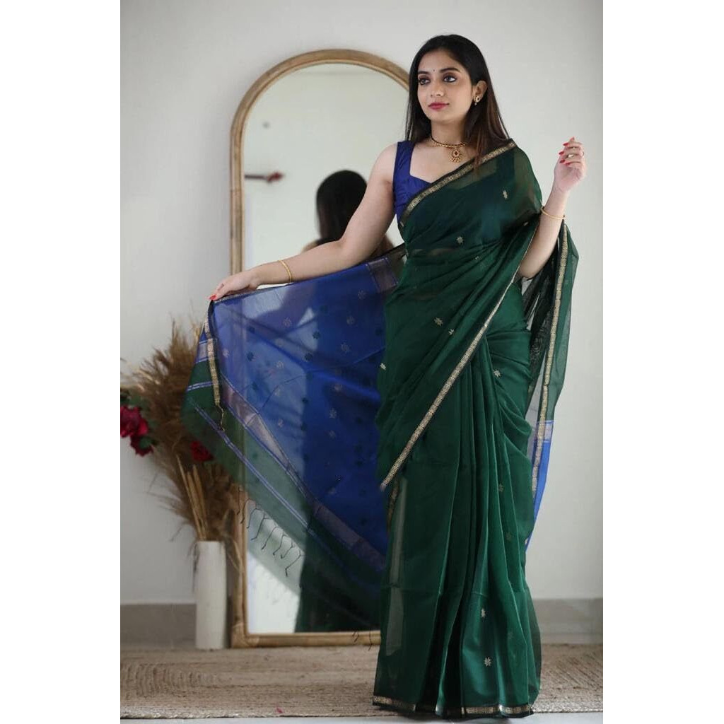Flosive Women's Mix Color & Golden Kanjivaram Wedding Saree With Blouse (Green)