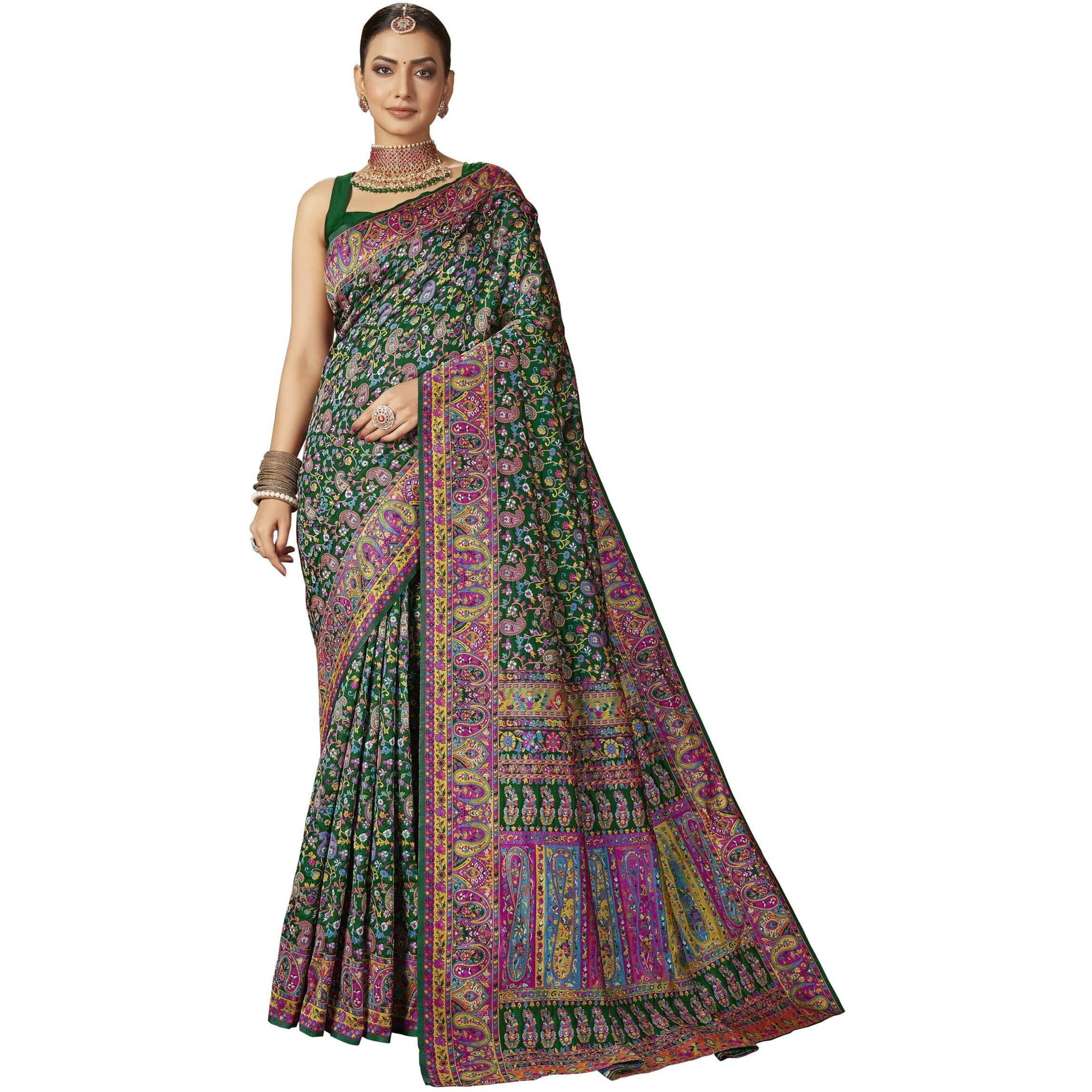 Glory Sarees Women's Kashmiri Pashmina Silk Woven Saree With Blouse Piece (Heritage_Silk110_Green)